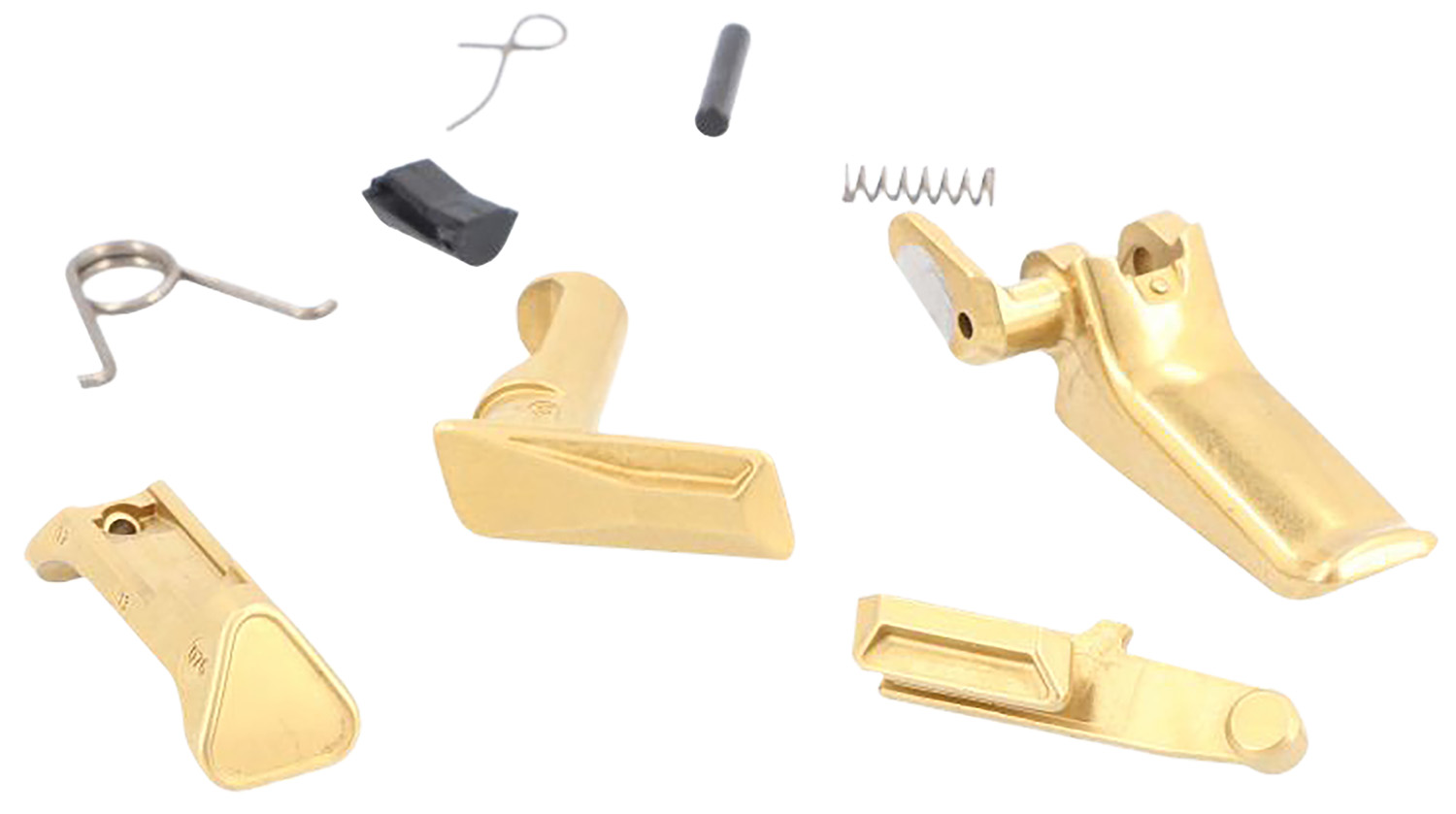 Gold-colored mechanical parts with springs and pins