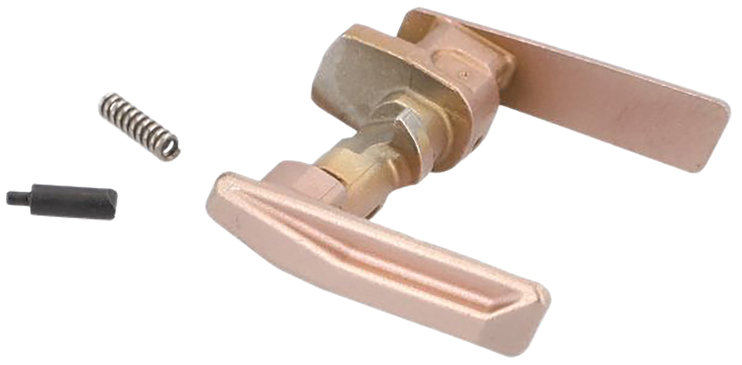 Copper-colored metal latch handle with spring components