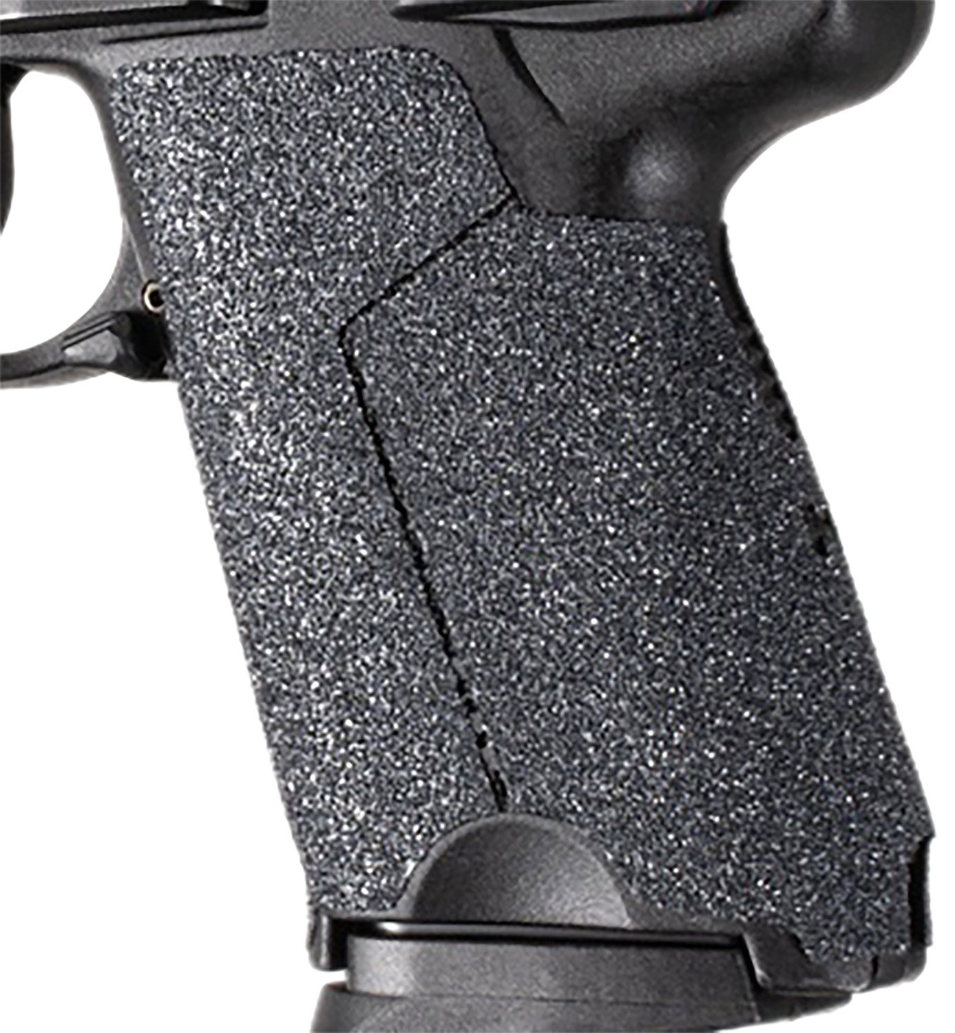 Close-up of textured handgun grip and magazine base