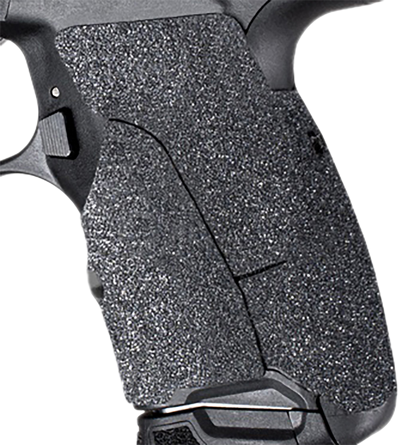 Close-up of textured handgun grip handle