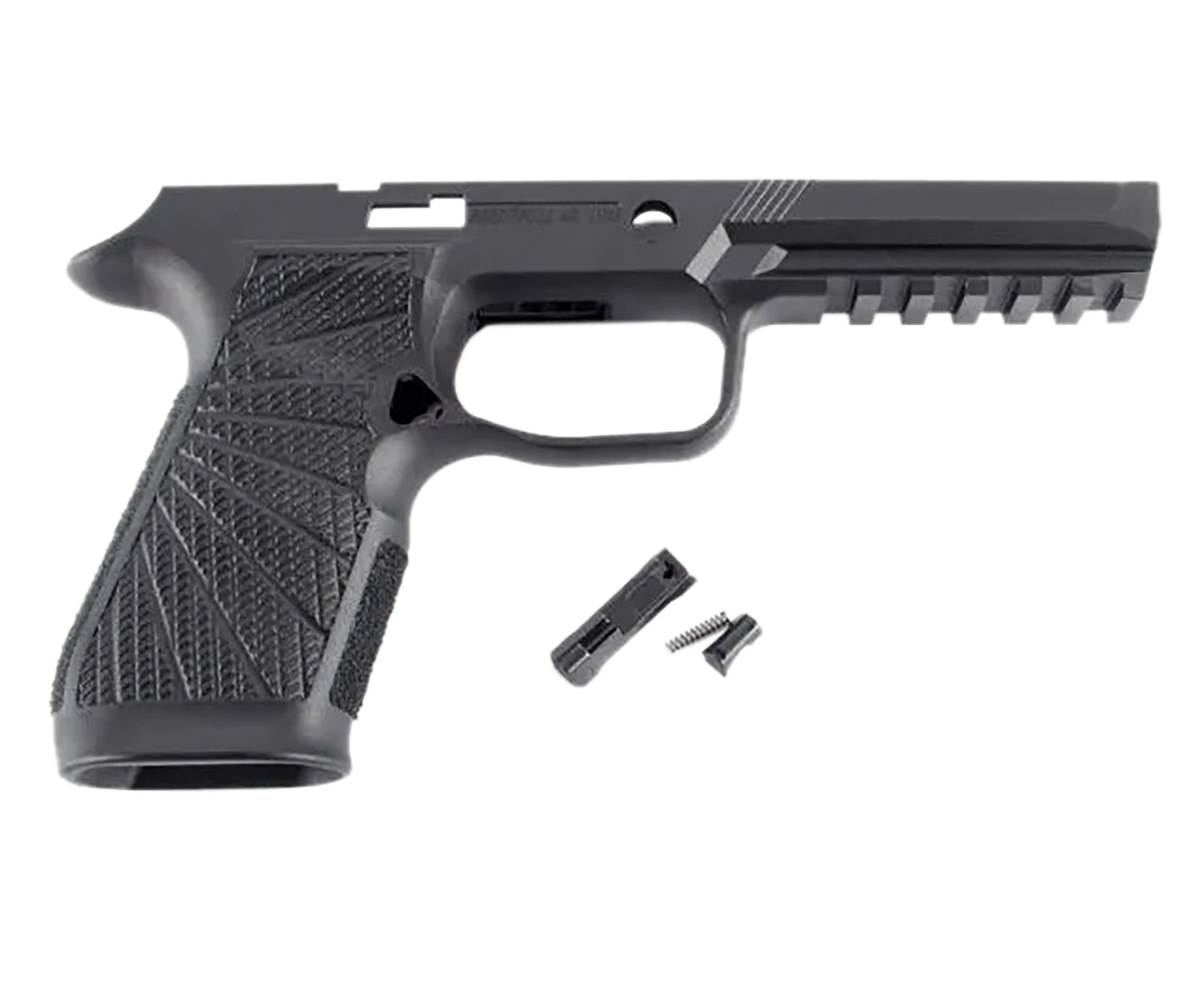 Black handgun frame with textured grip and rail