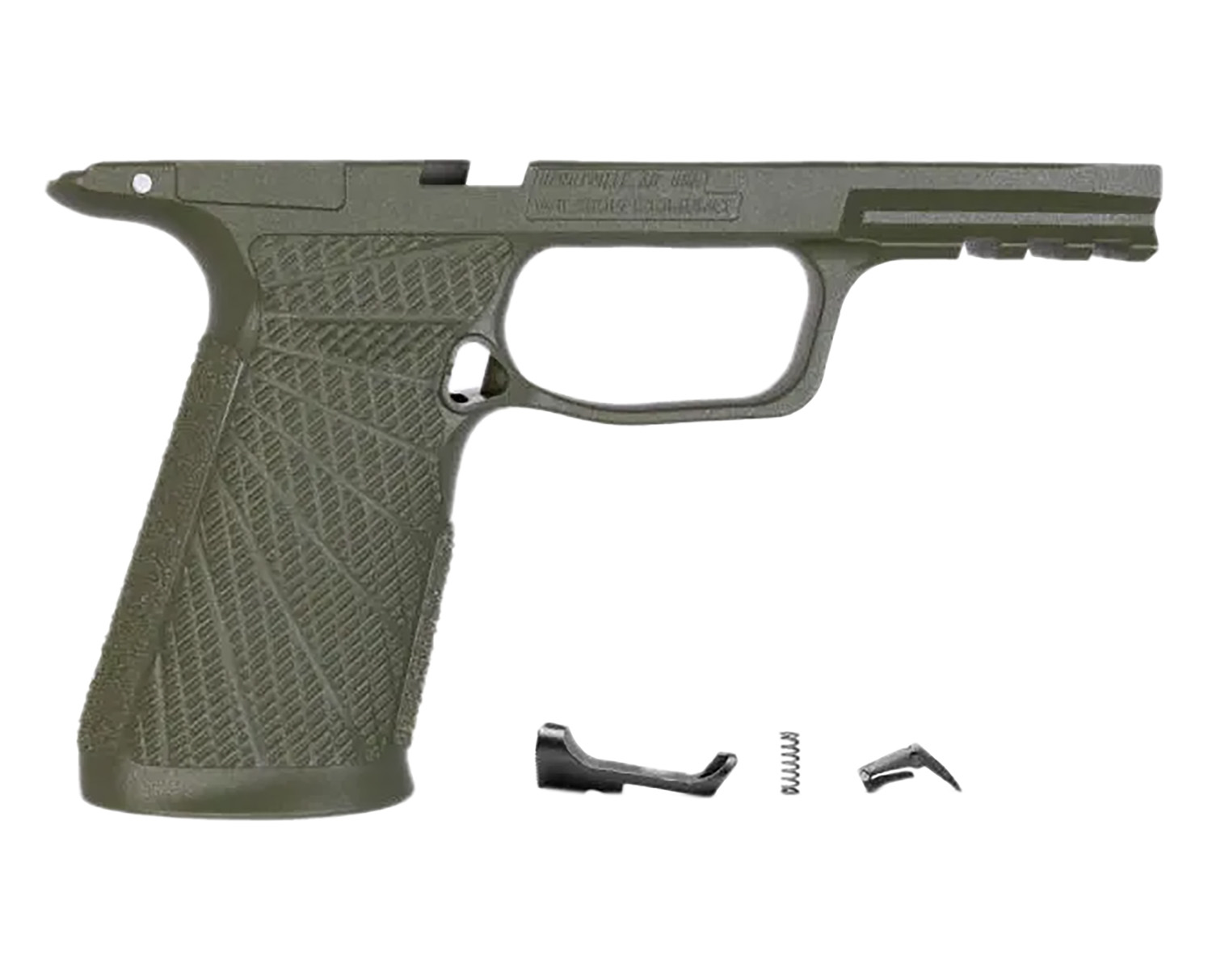 Olive green polymer pistol frame with components