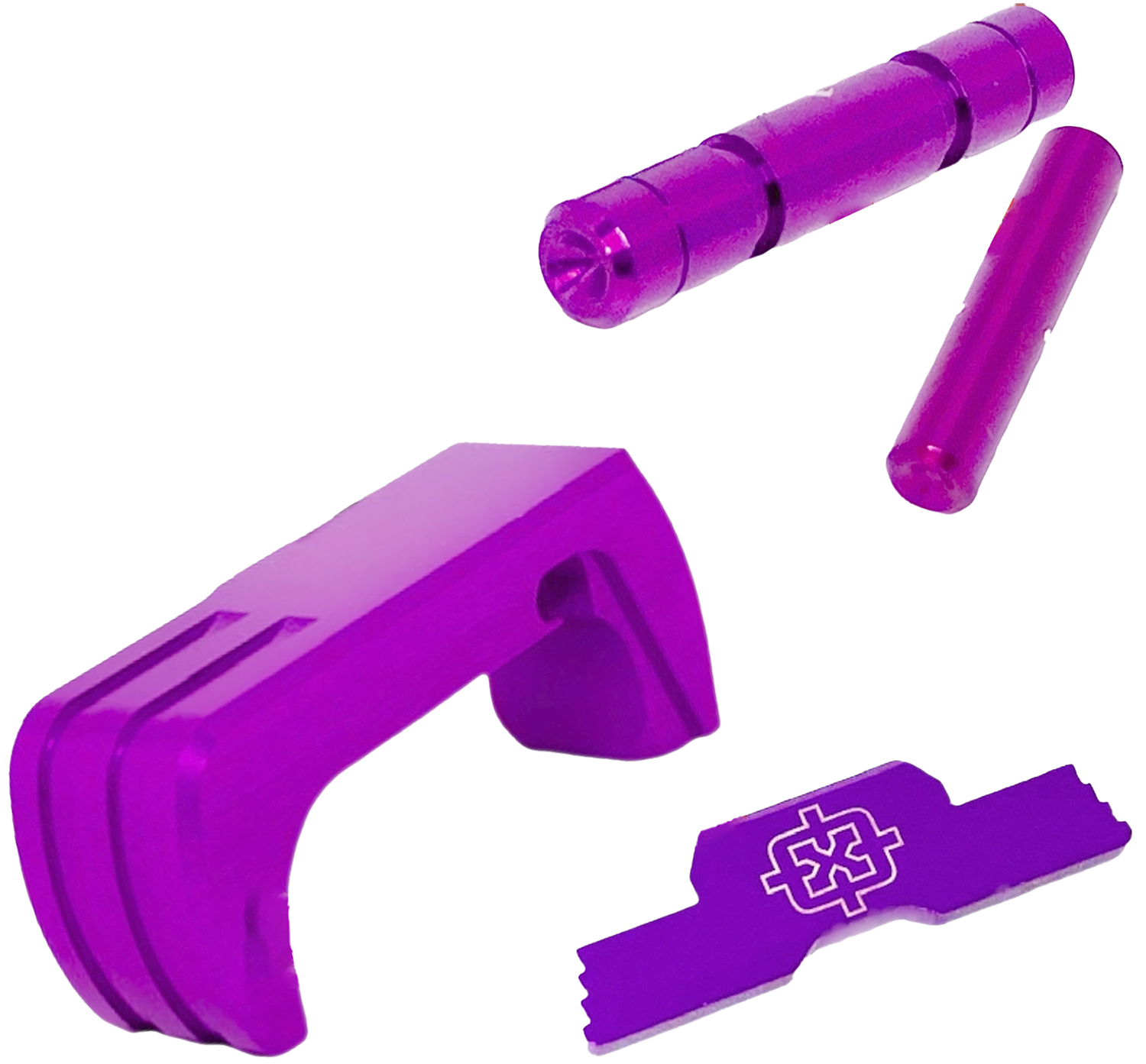 Purple plastic hardware components and cylindrical pins