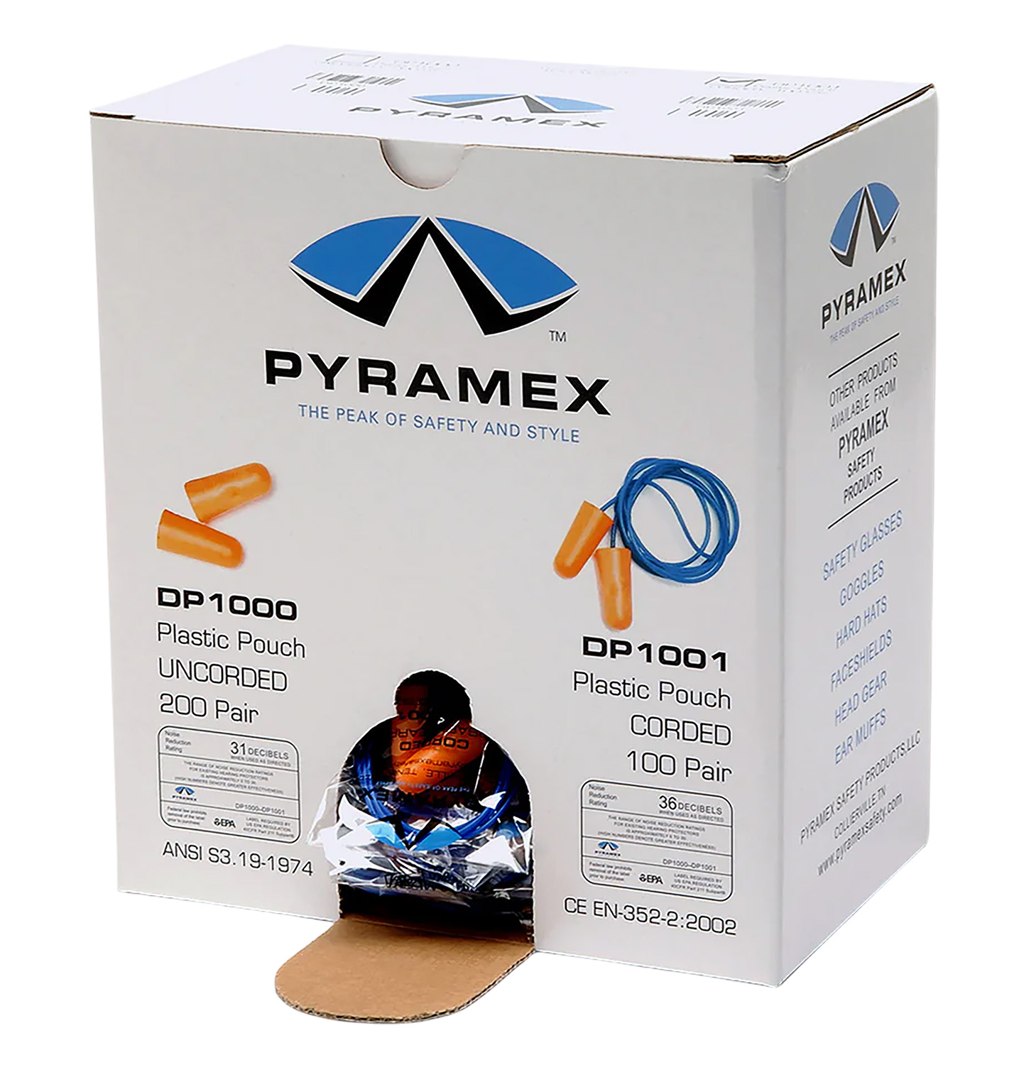 Pyramex earplug dispenser box with corded earplugs
