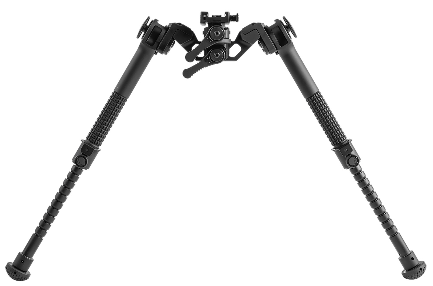 Adjustable black rifle bipod on white background
