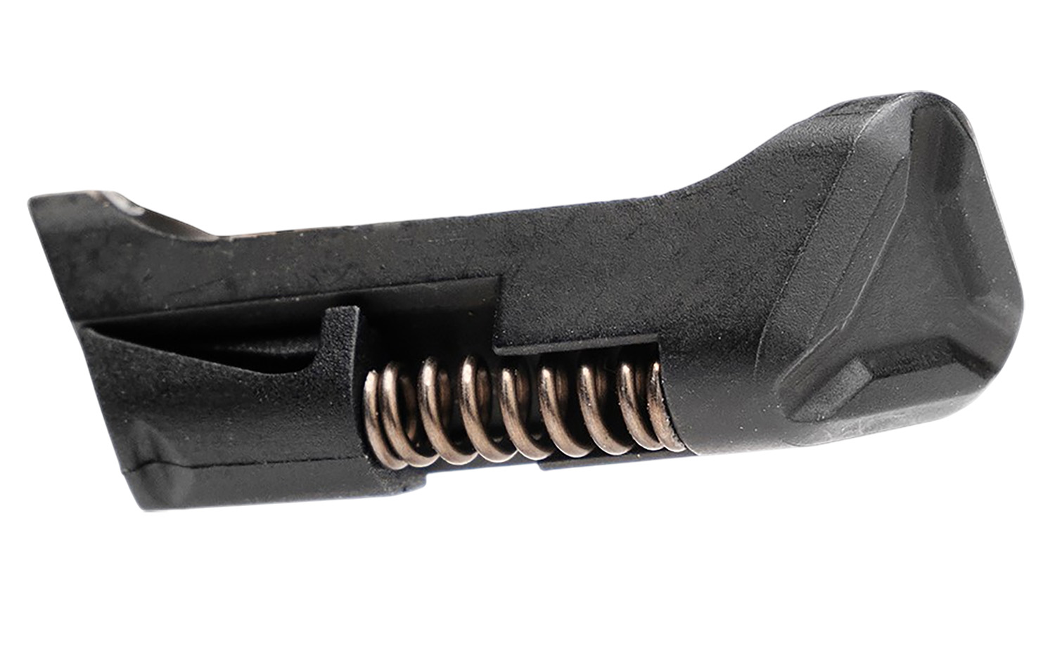 Black plastic spring-loaded clip on white background