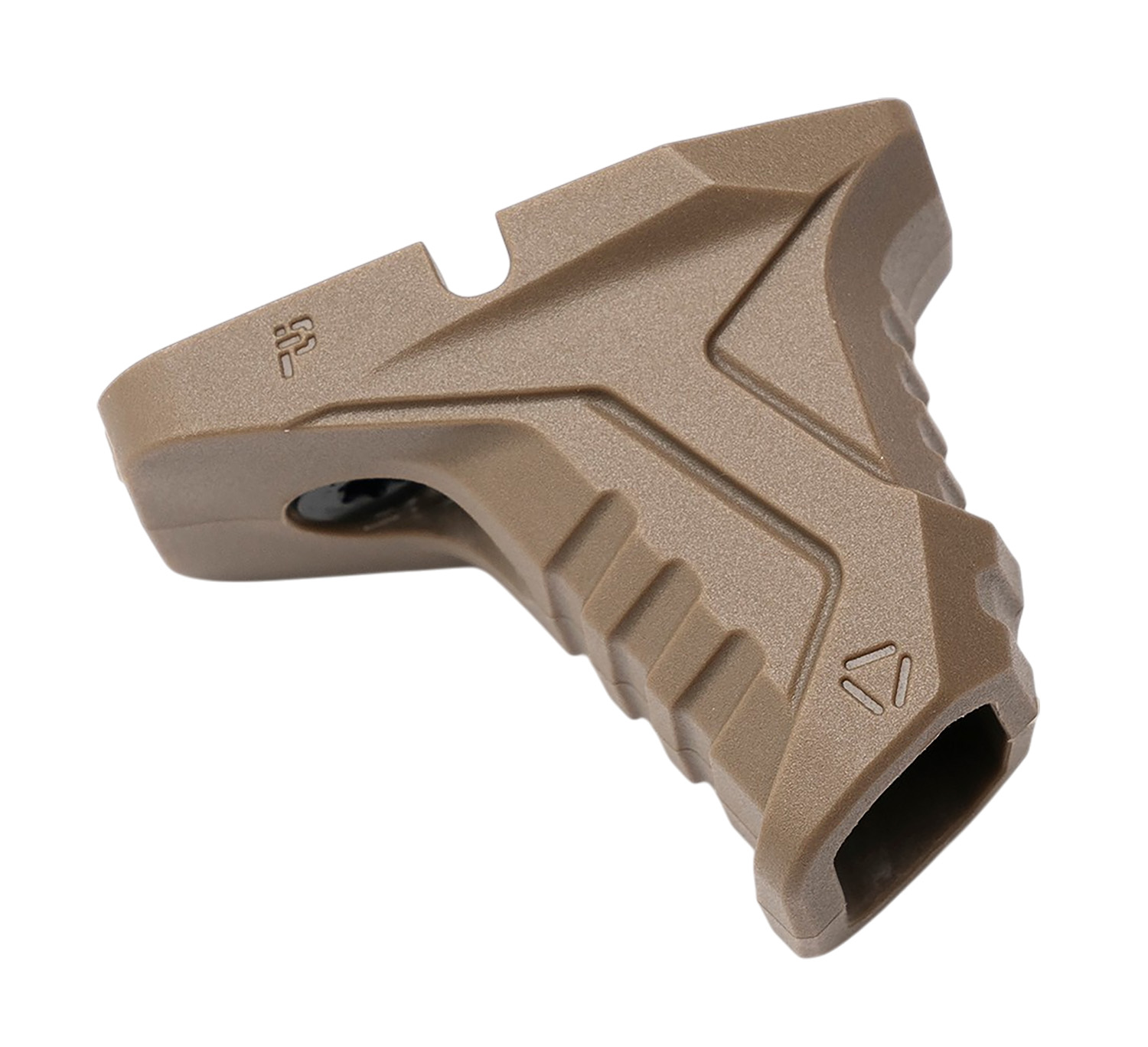 Tan angled foregrip firearm accessory on white background