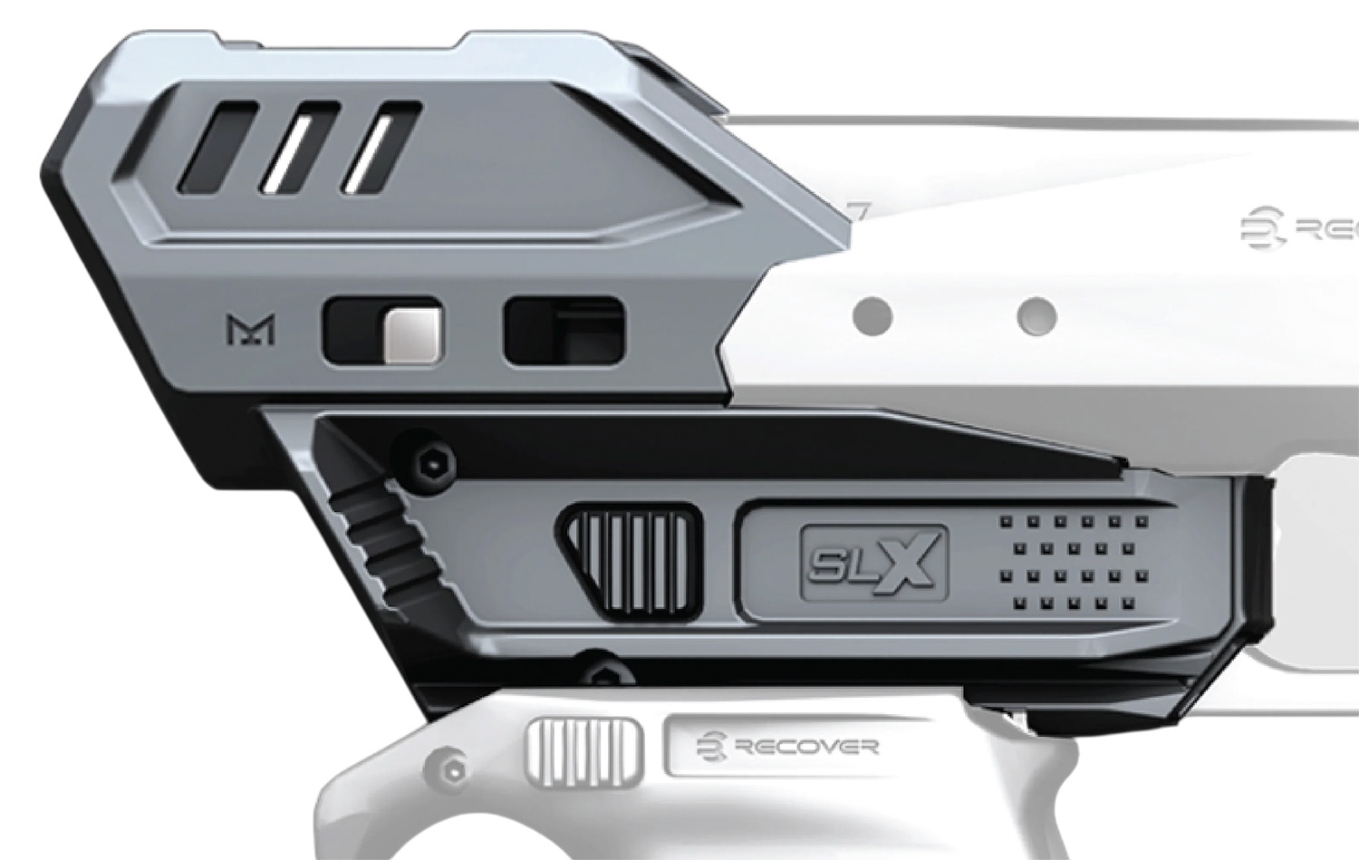 Futuristic SLX Recover handheld therapy device close-up