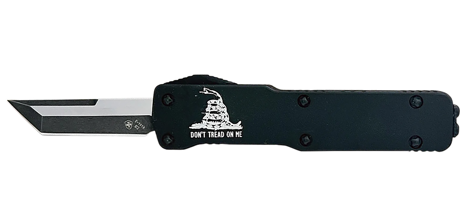 Black OTF knife with Gadsden flag graphic