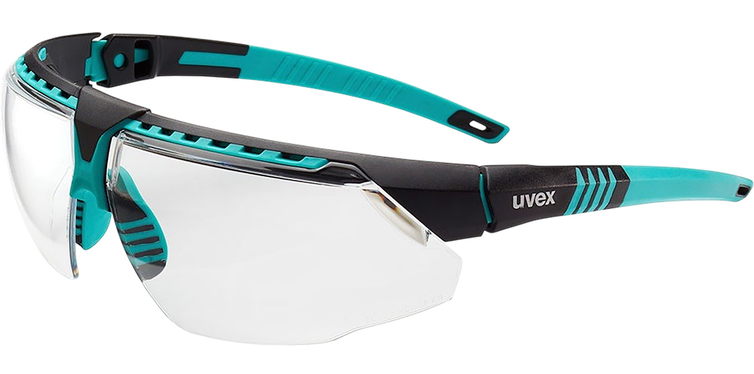 Teal and black uvex safety glasses with clear lenses