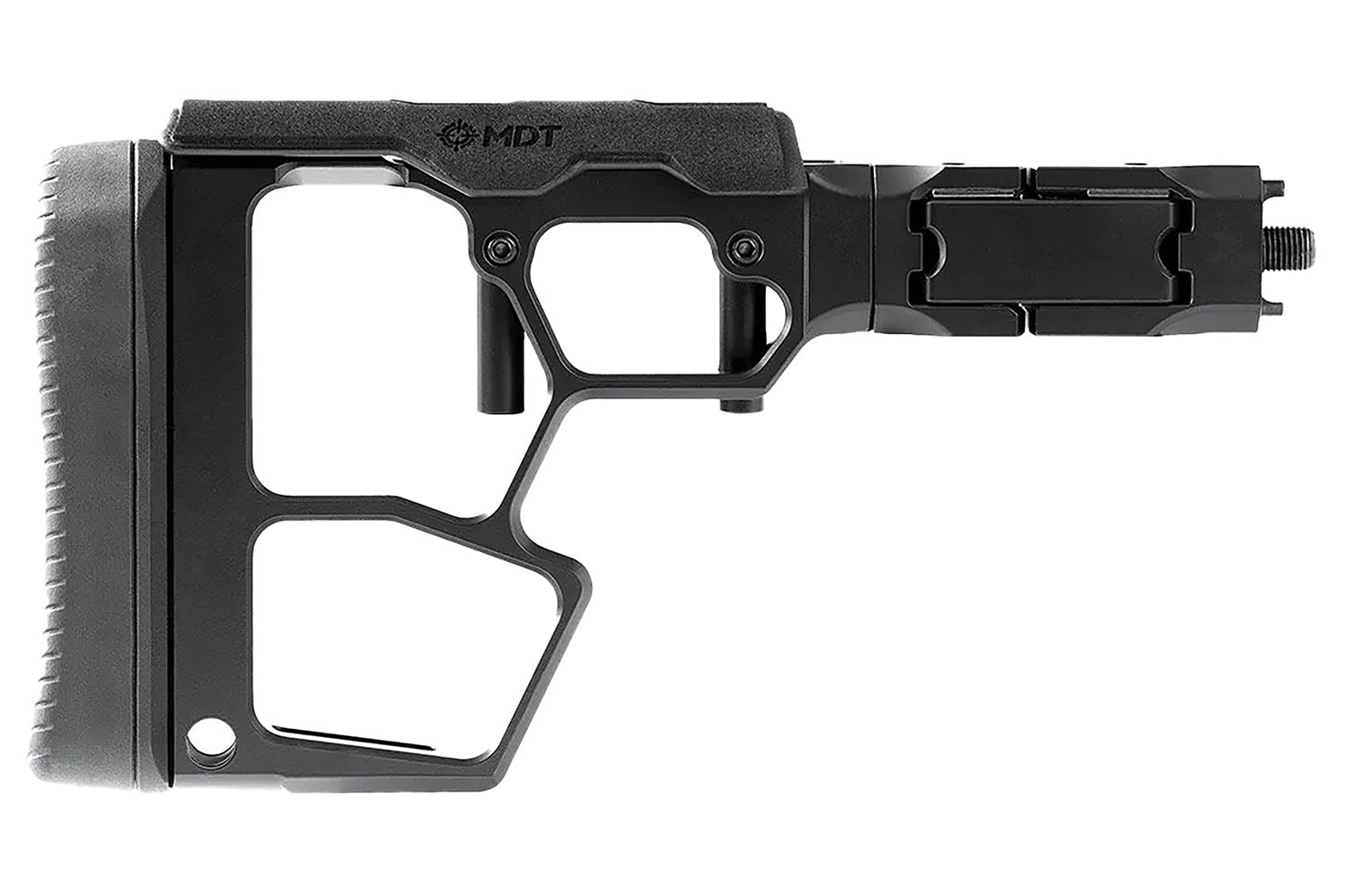 Black MDT rifle buttstock chassis component