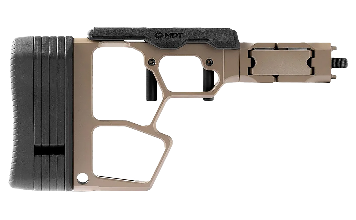 Tan rifle chassis with adjustable buttstock