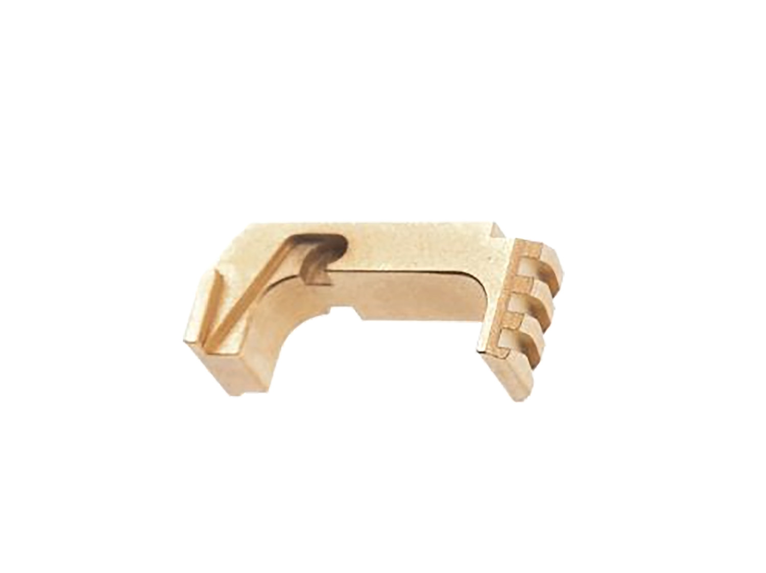 Gold machined metal connector component on white background