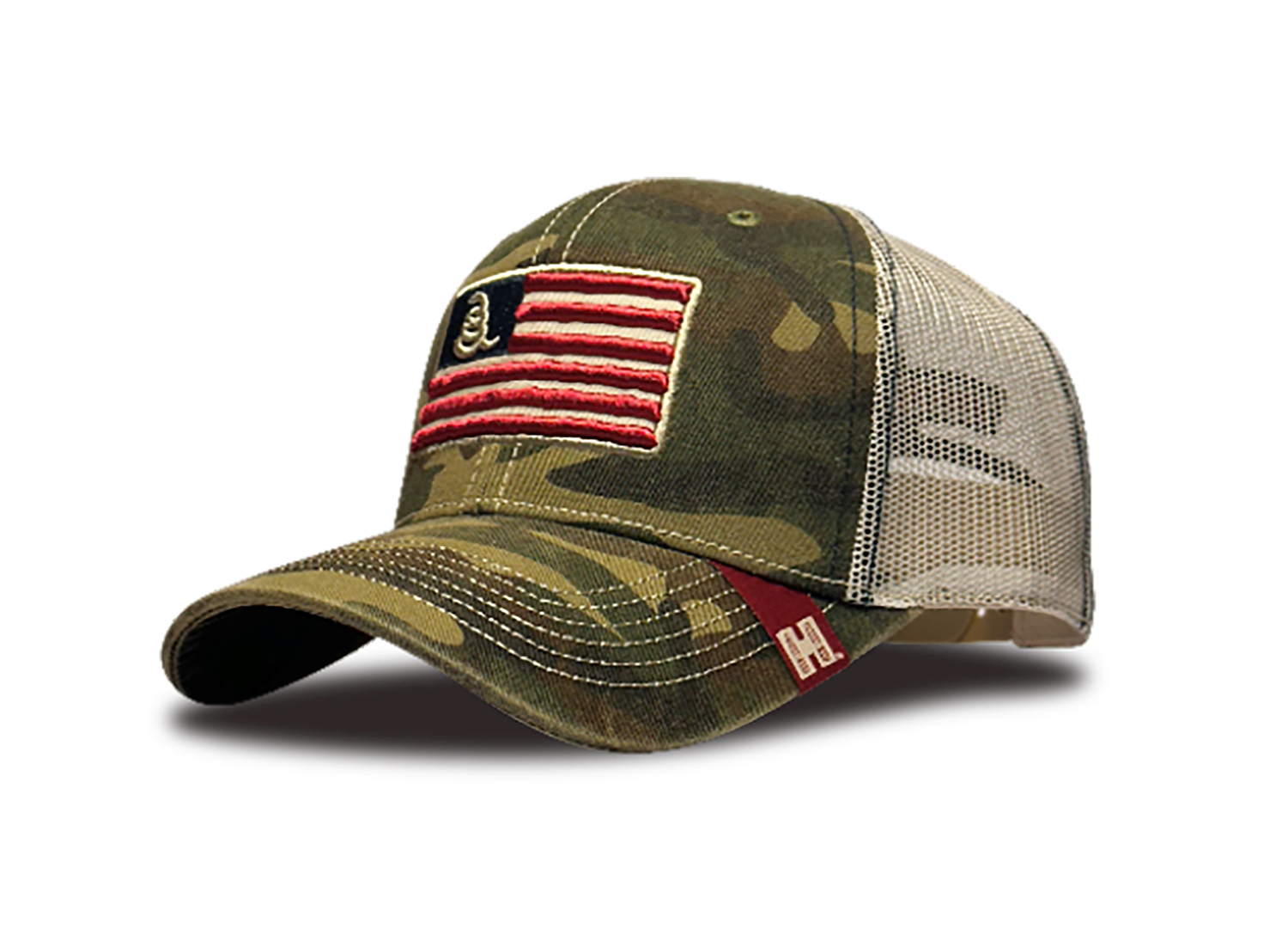Camouflage trucker hat with American flag patch