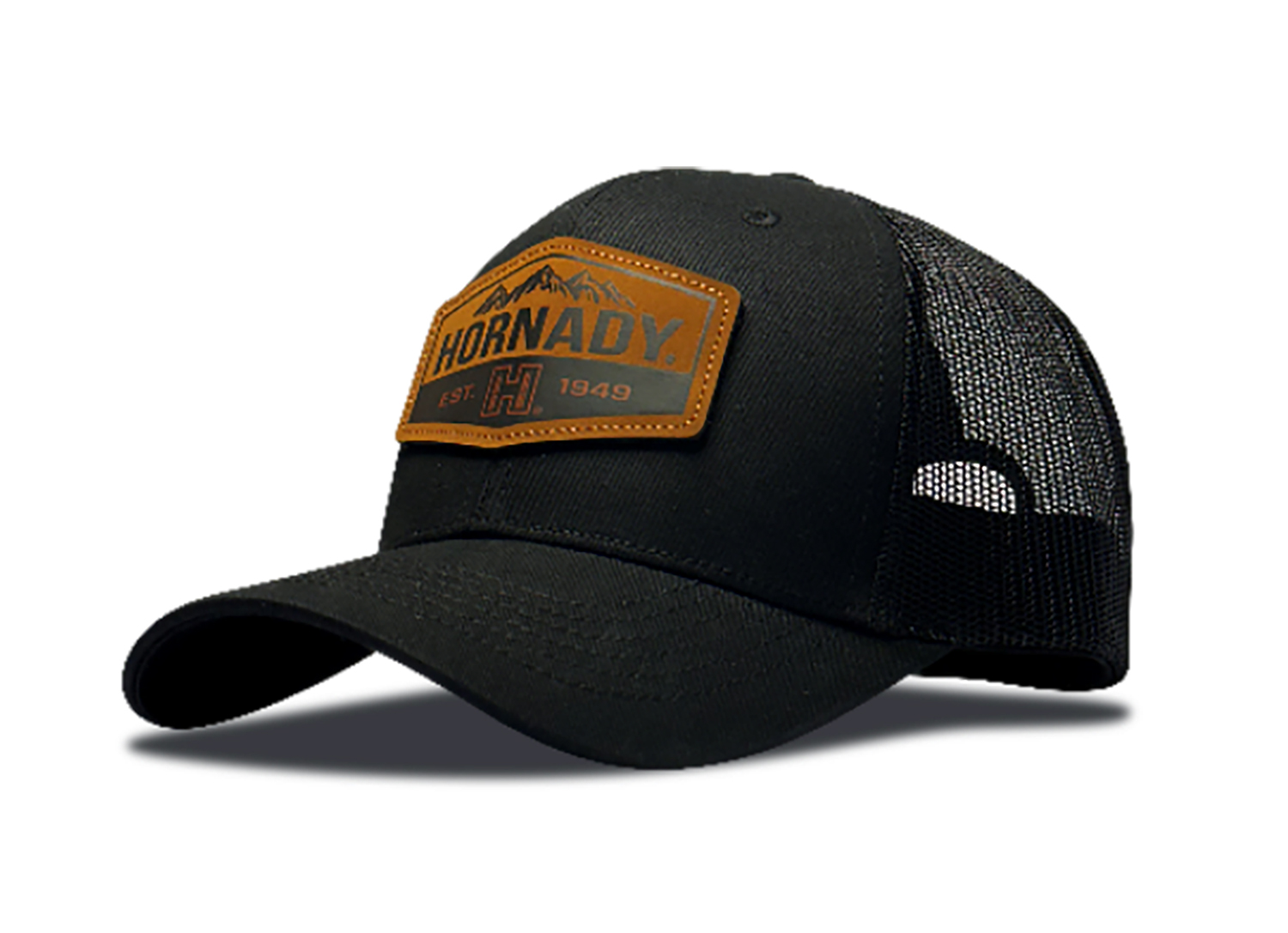 Black Hornady trucker hat with leather patch