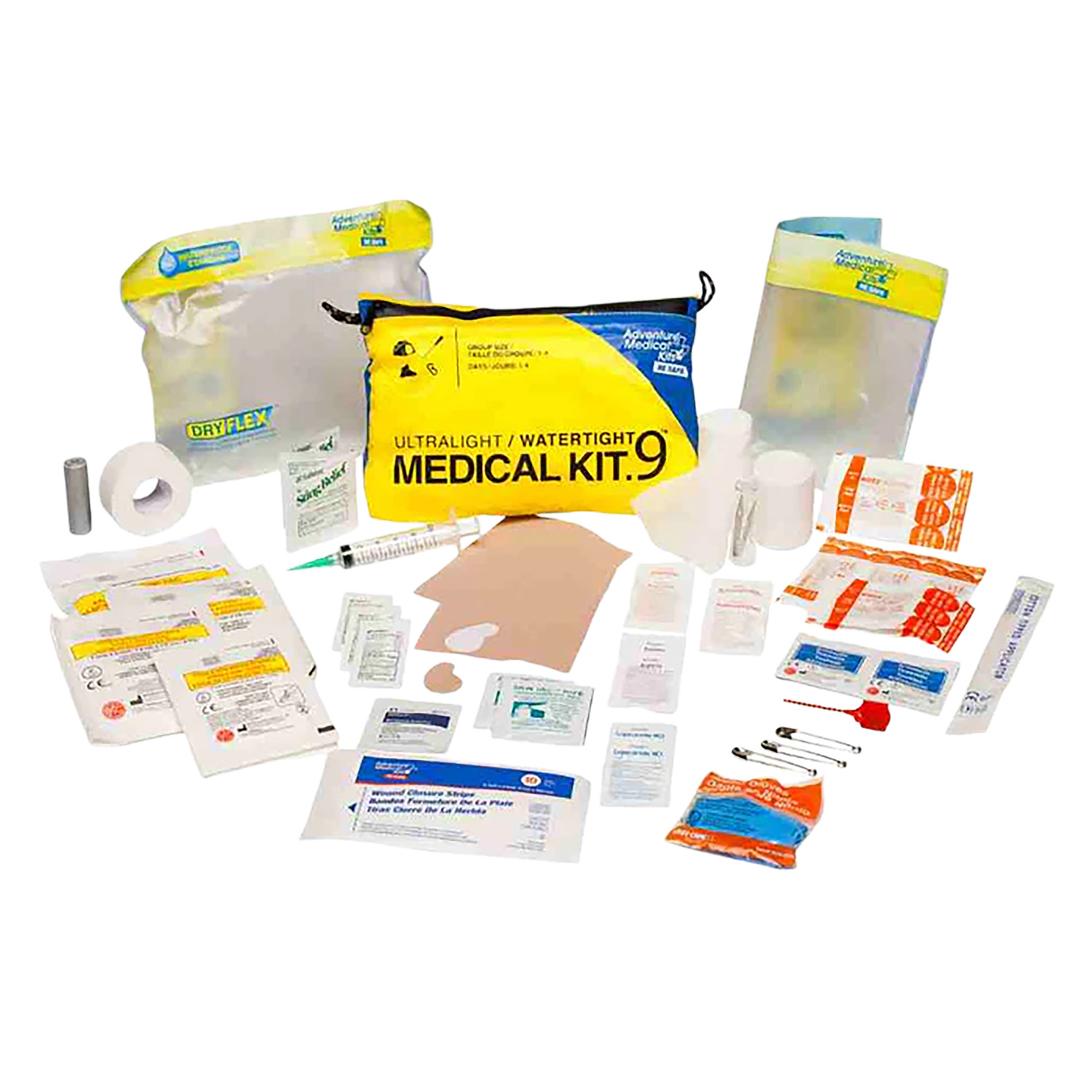 Ultralight watertight medical kit with supplies displayed