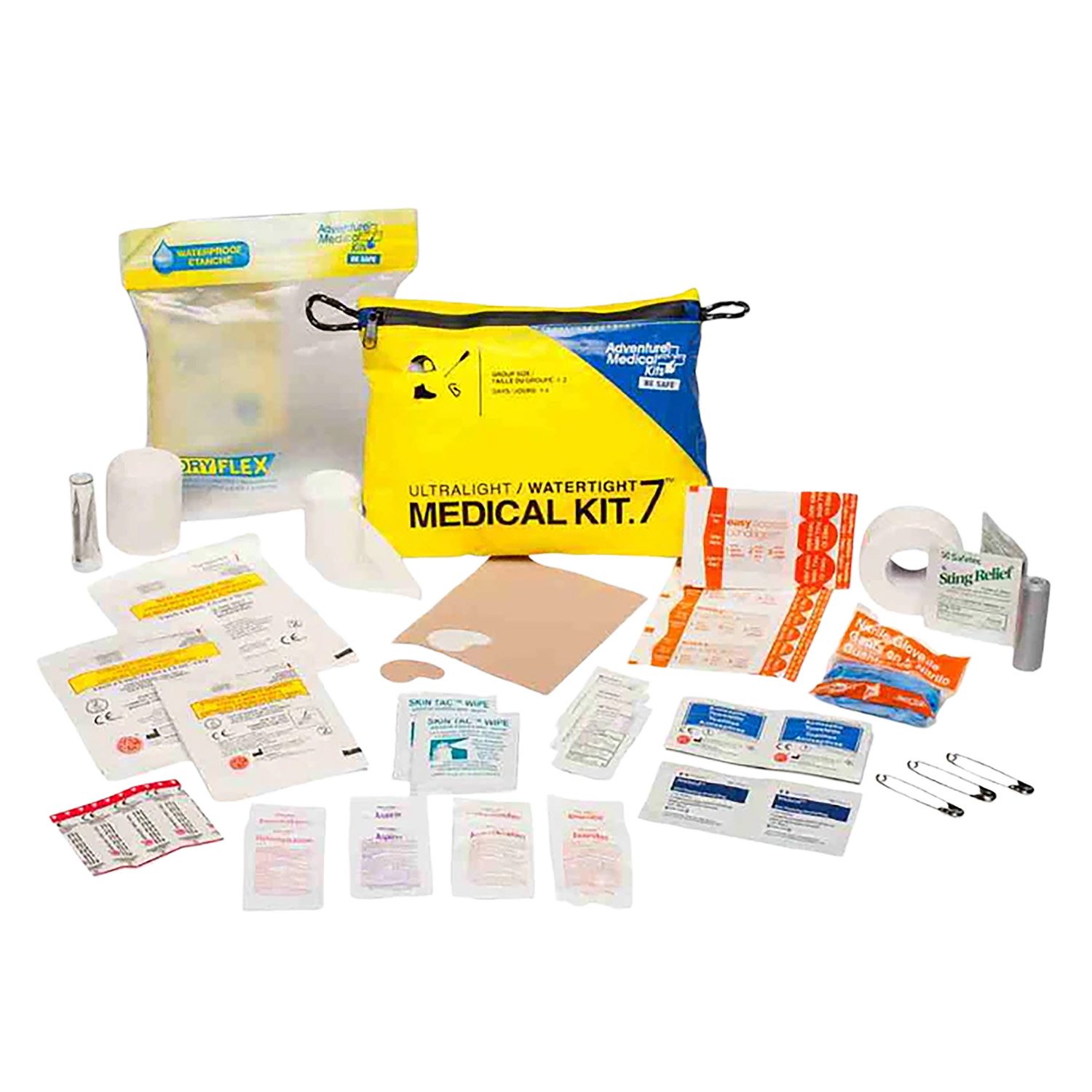 Ultralight watertight medical kit with supplies displayed