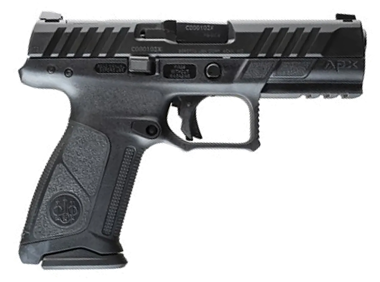Black semi-automatic pistol on white background