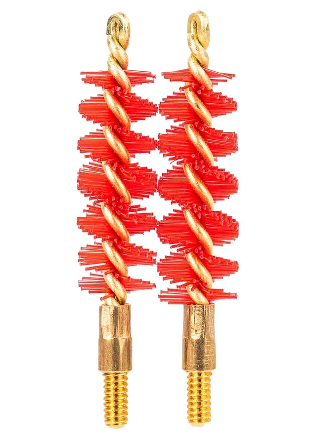 Two brass gun cleaning bore brushes with red bristles