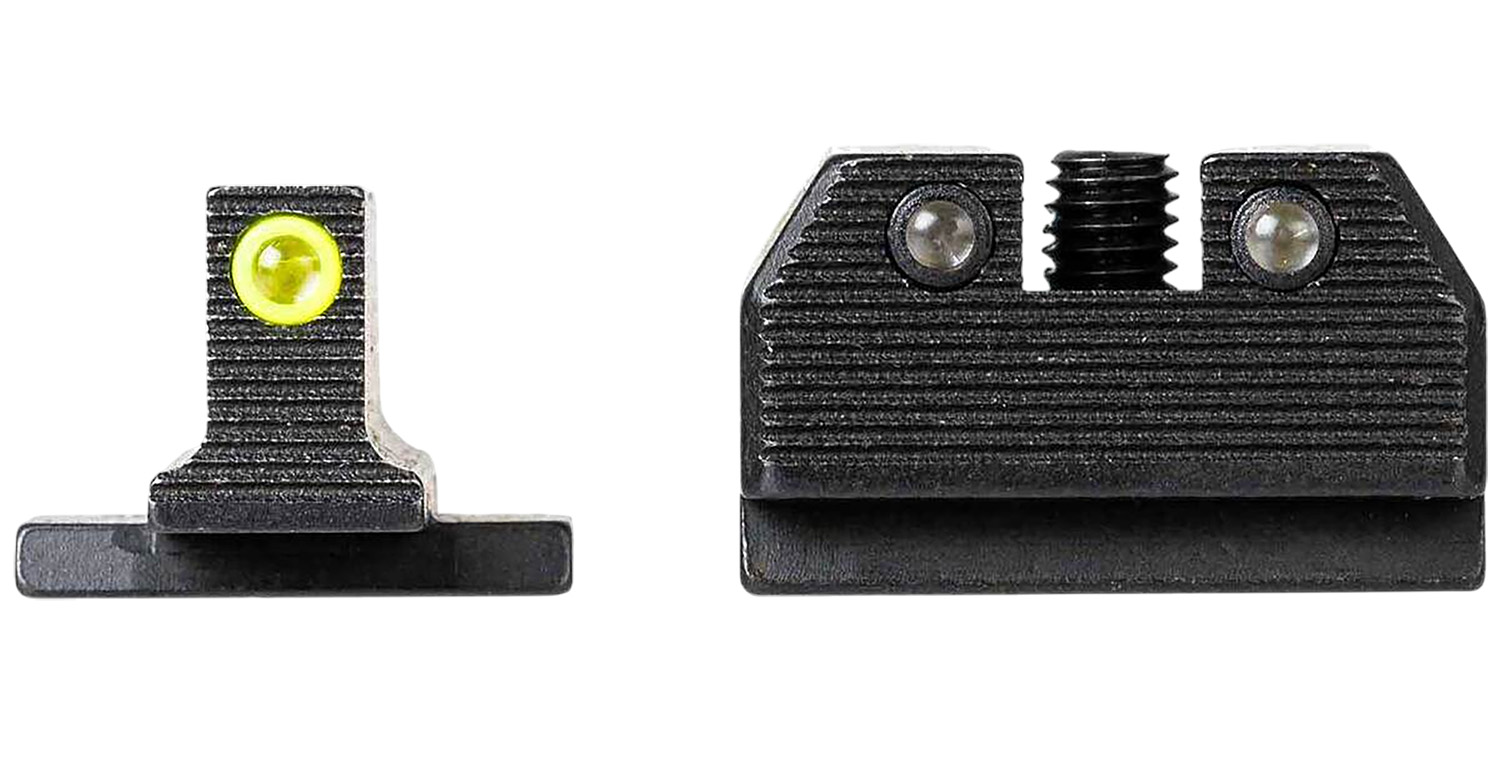 Handgun front and rear iron sights close-up