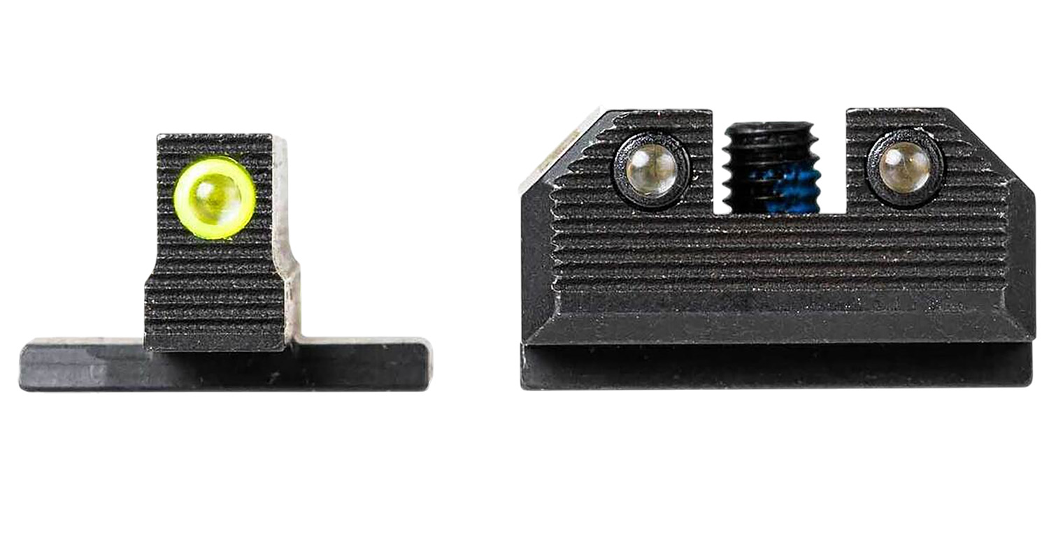 Front and rear pistol sights with fiber optic dot