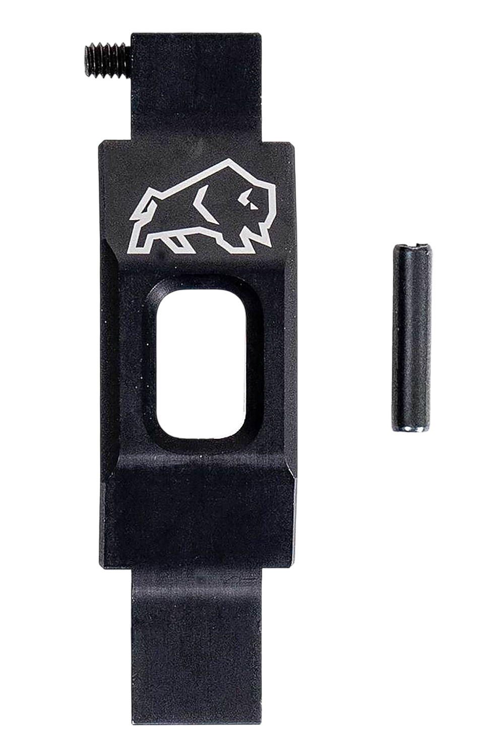 Black metal component with buffalo logo and pin