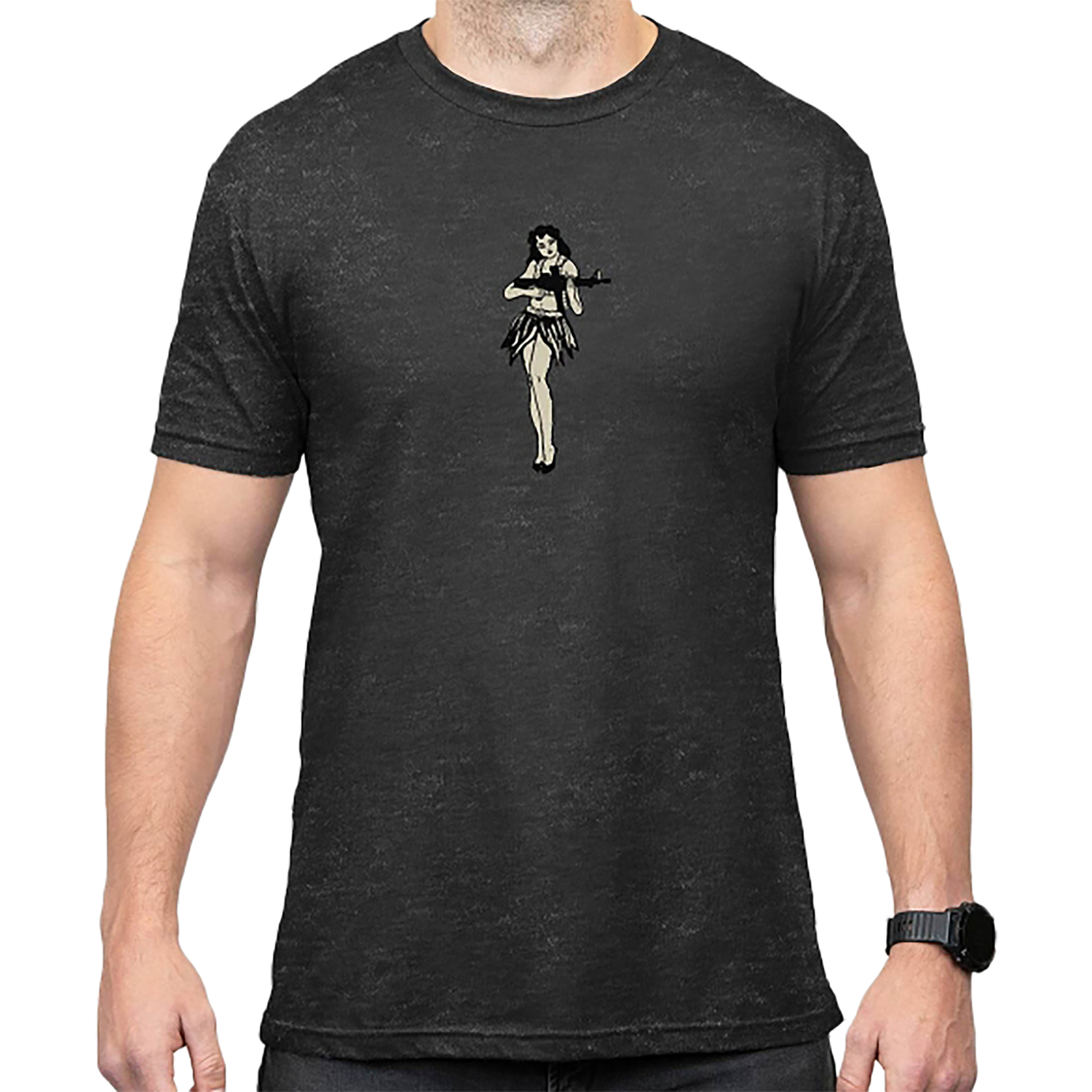 Man wearing dark T-shirt with hula girl graphic