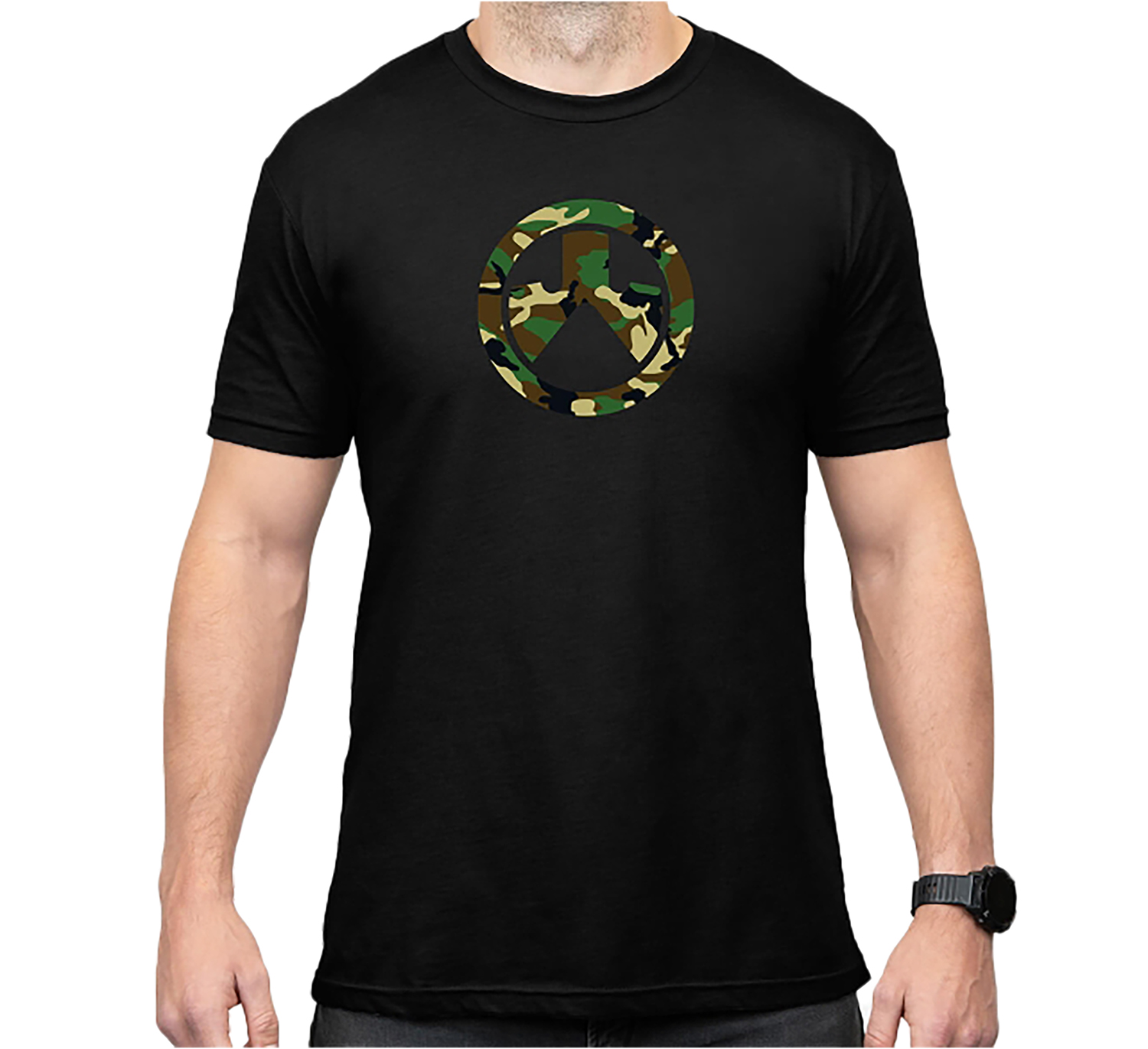 Black T-shirt with camouflage peace symbol