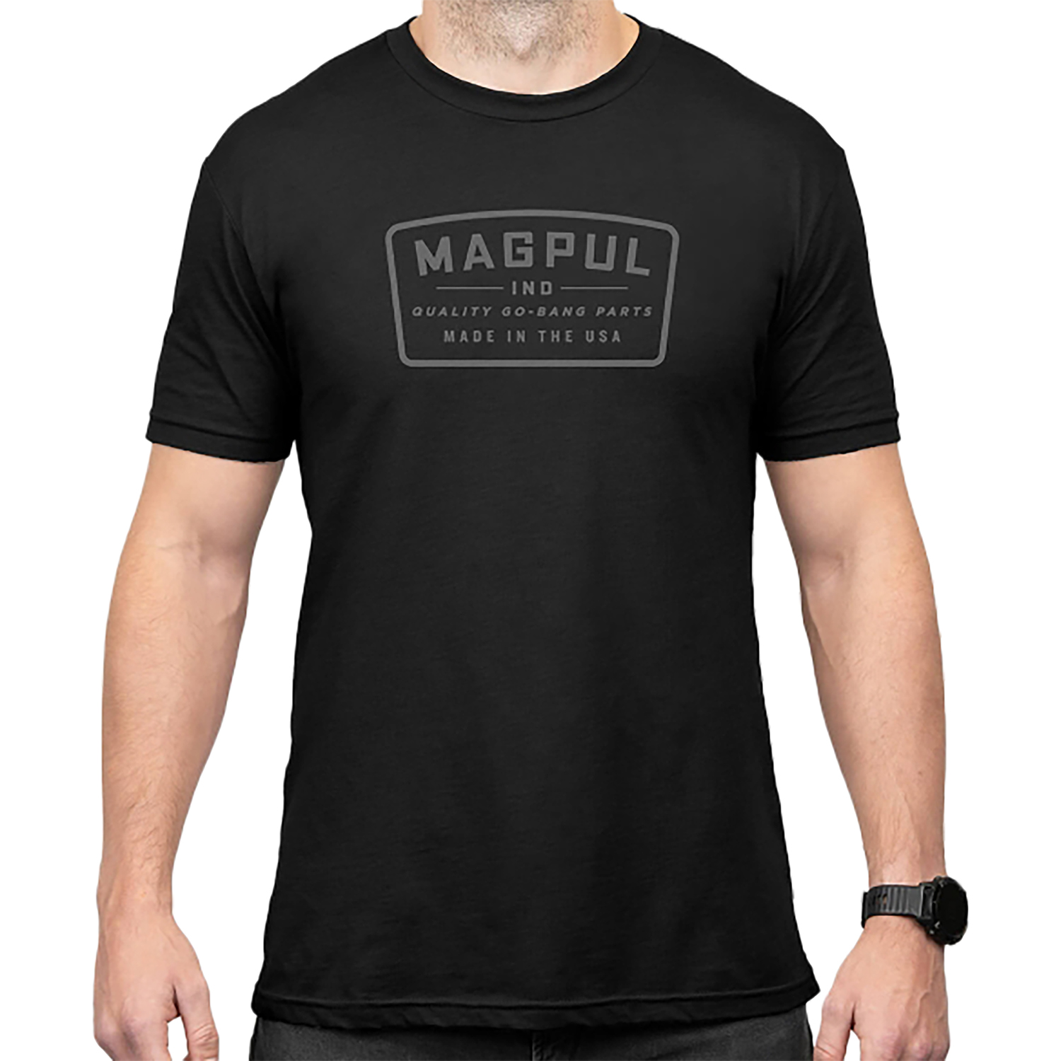 Man wearing black Magpul logo T-shirt