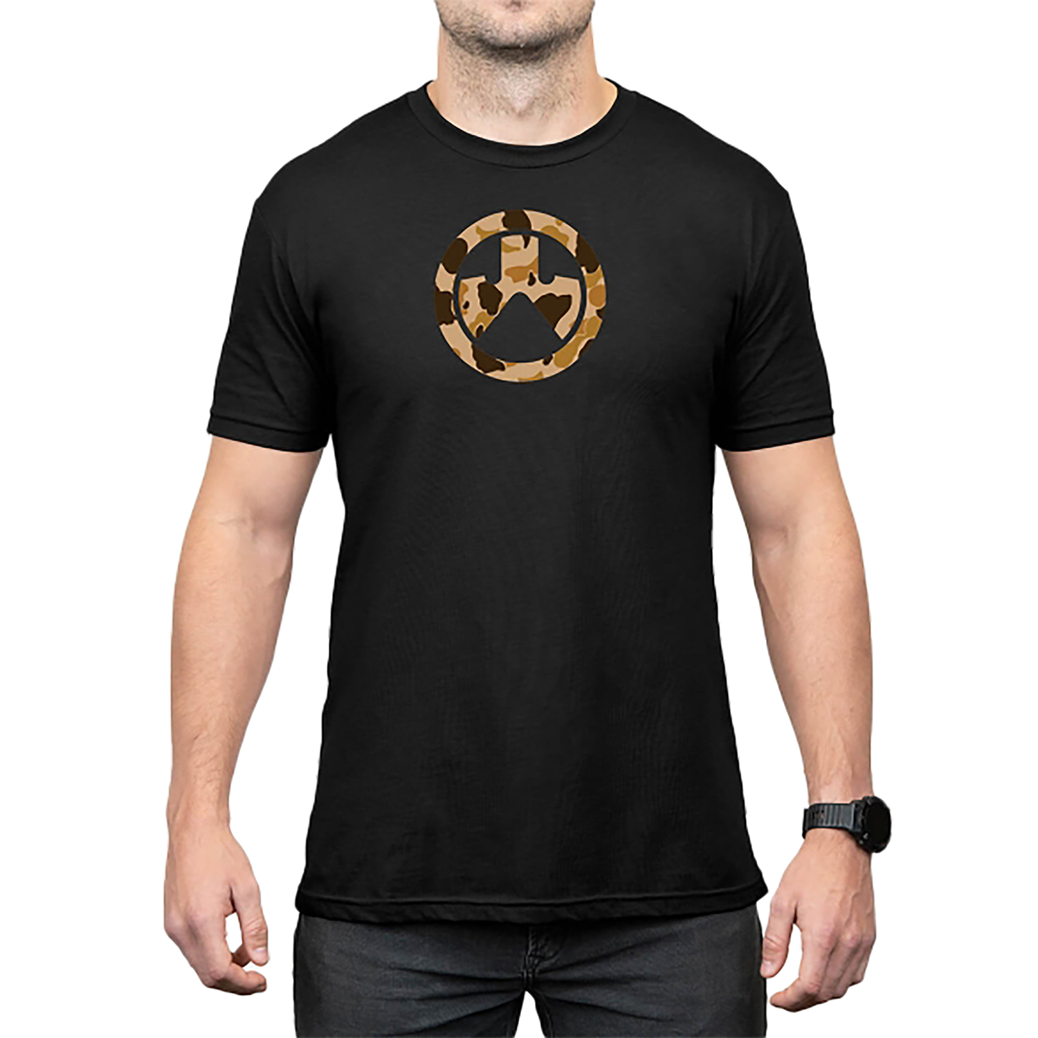 Black T-shirt with camouflage circular logo