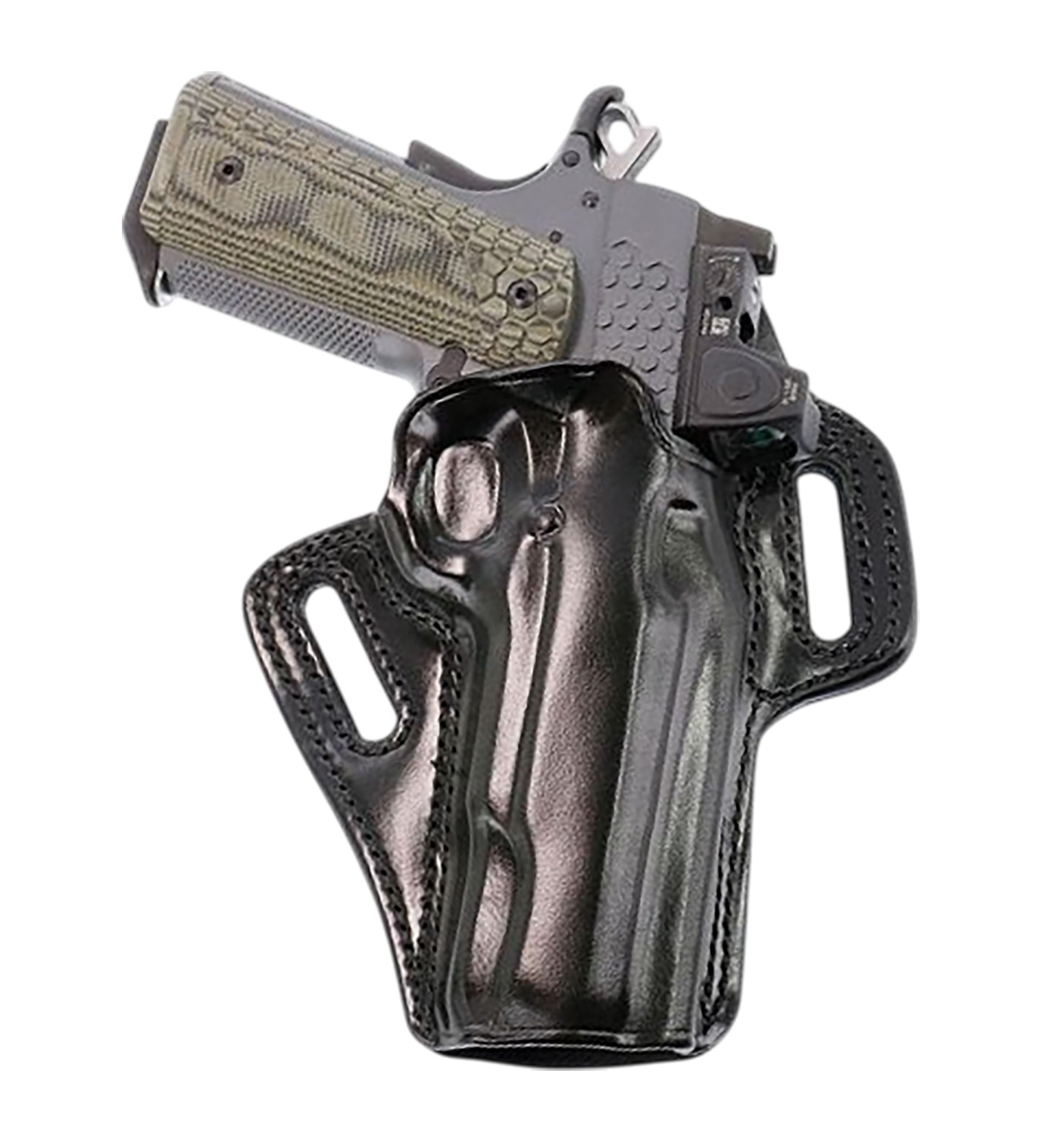 Handgun in black leather belt holster