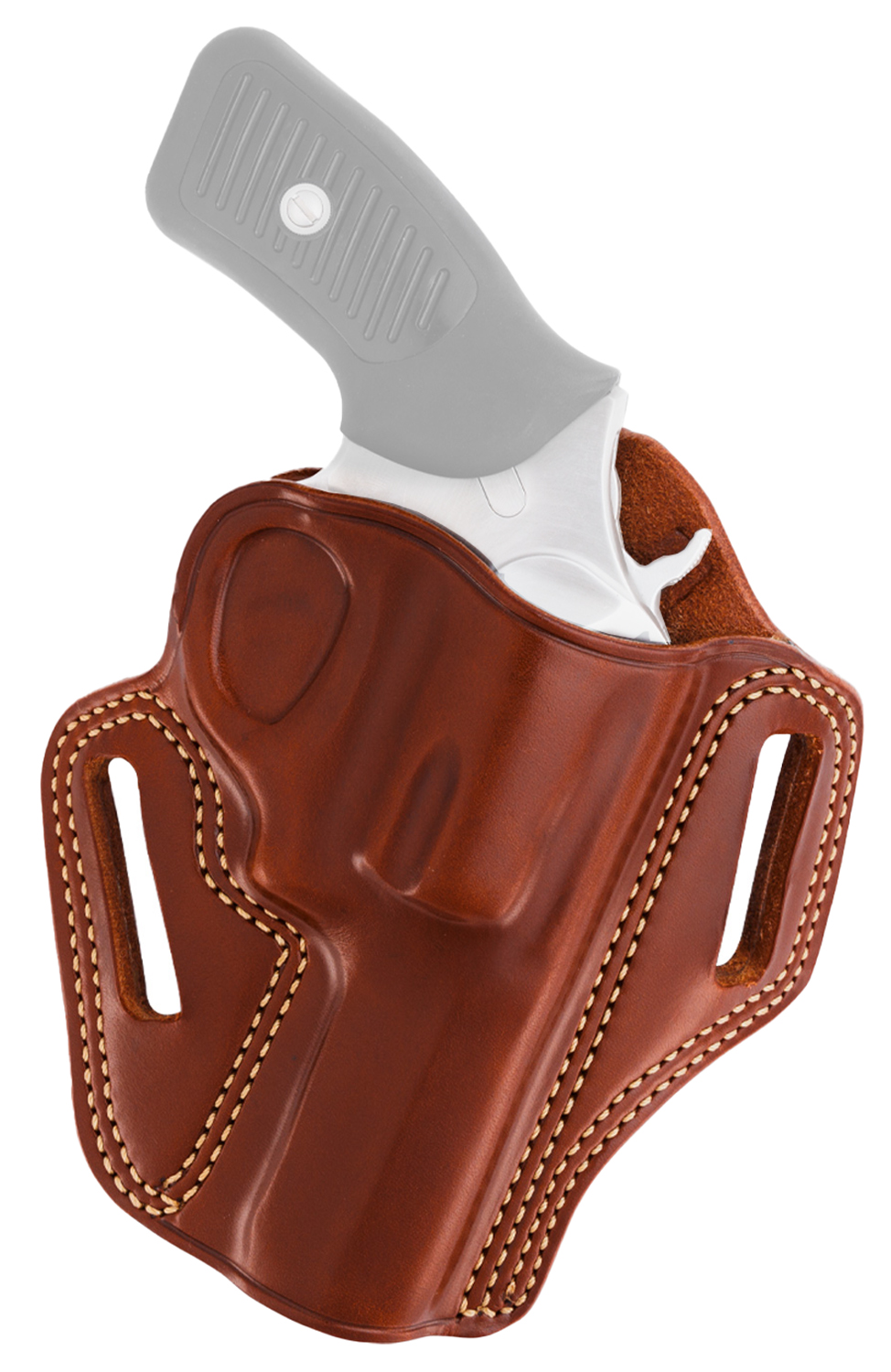 Handgun in brown leather belt holster