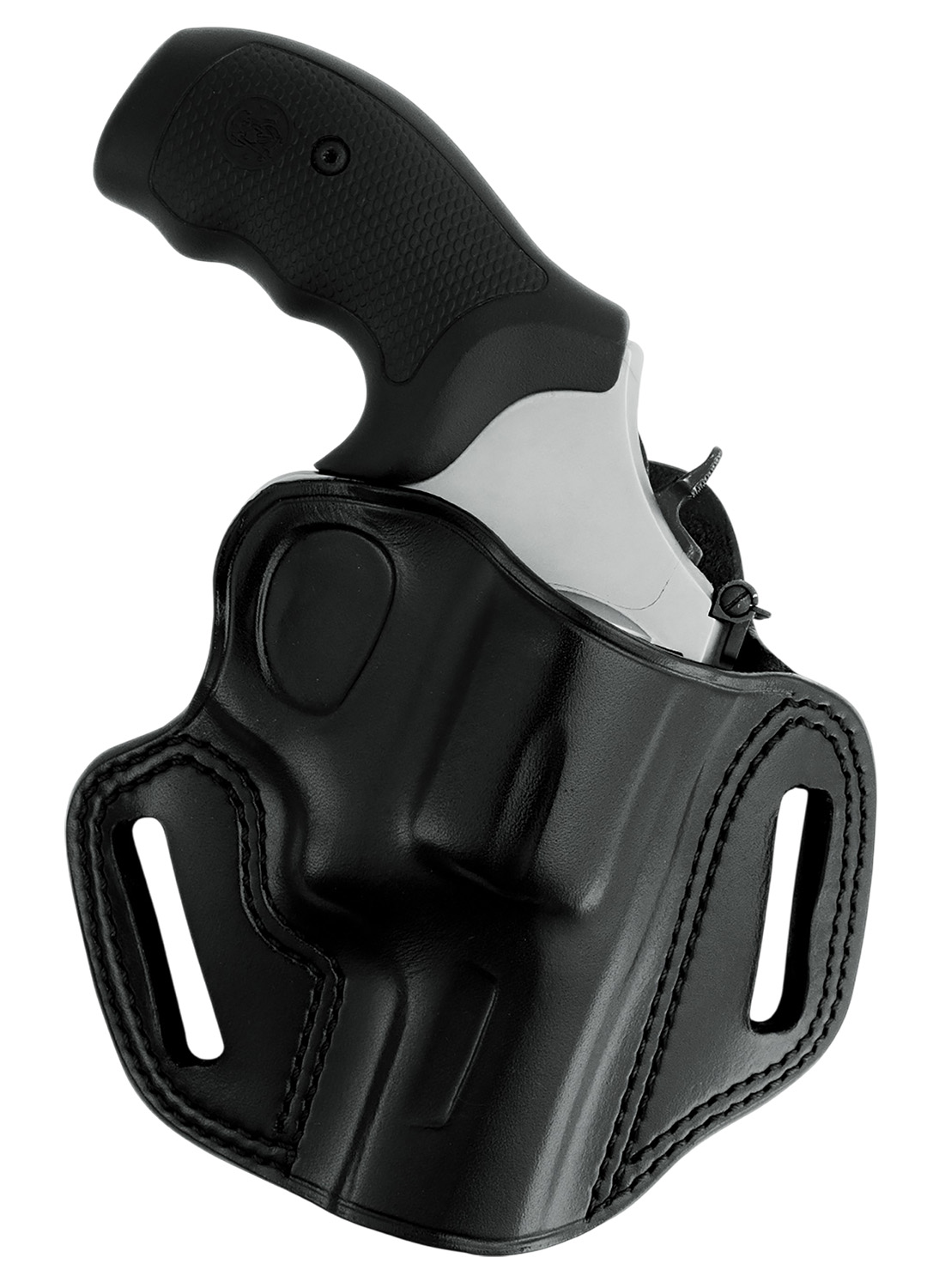 Revolver in black leather belt holster