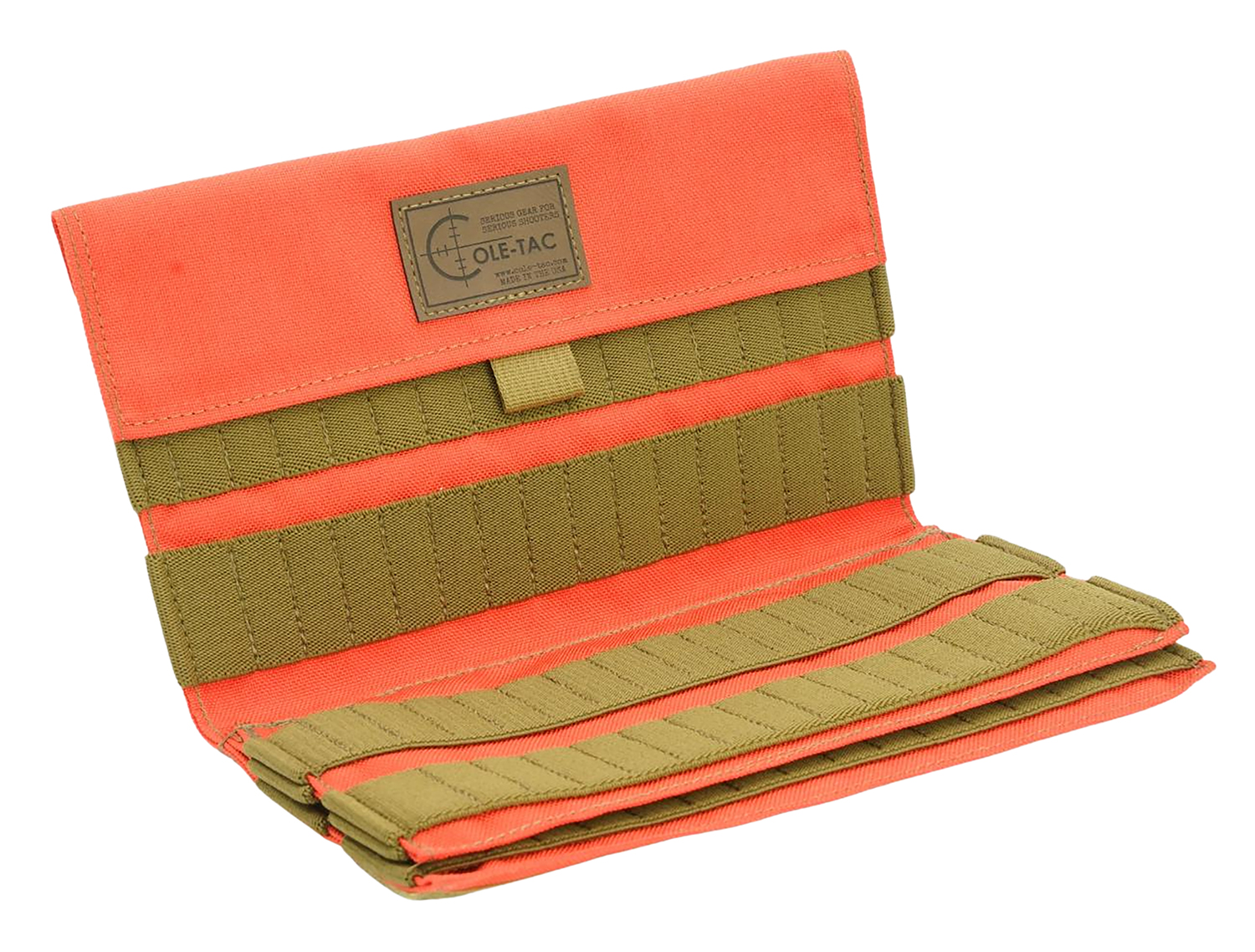 Orange and green tactical ammo pouch open