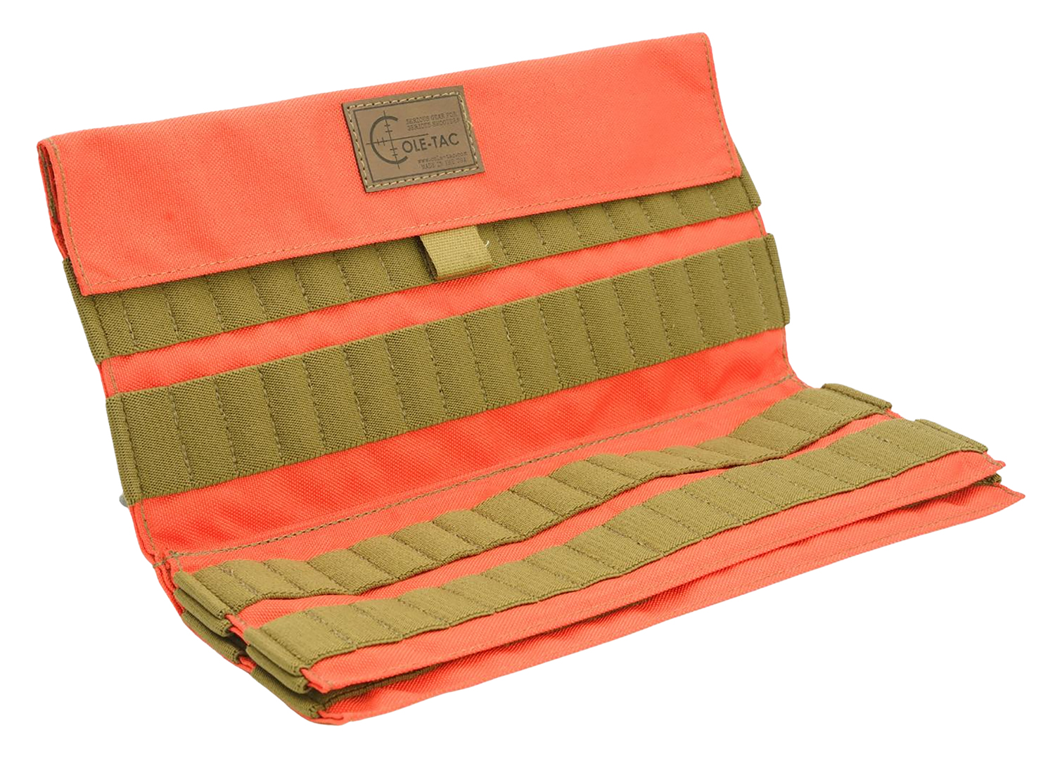Orange and green tactical shooting mat with webbing