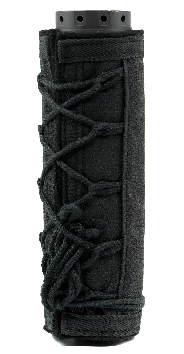 Black cylindrical handle wrapped with cord and fabric