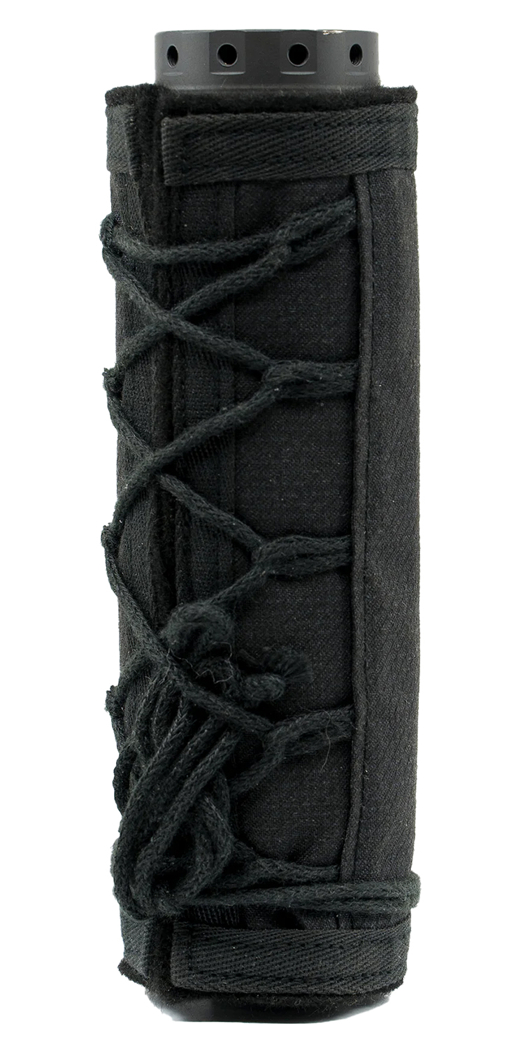 Black cylindrical suppressor cover with laced cord wrap