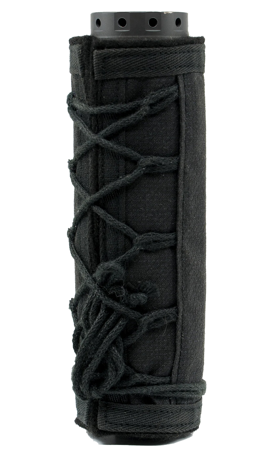 Black cylindrical device wrapped in rope and fabric
