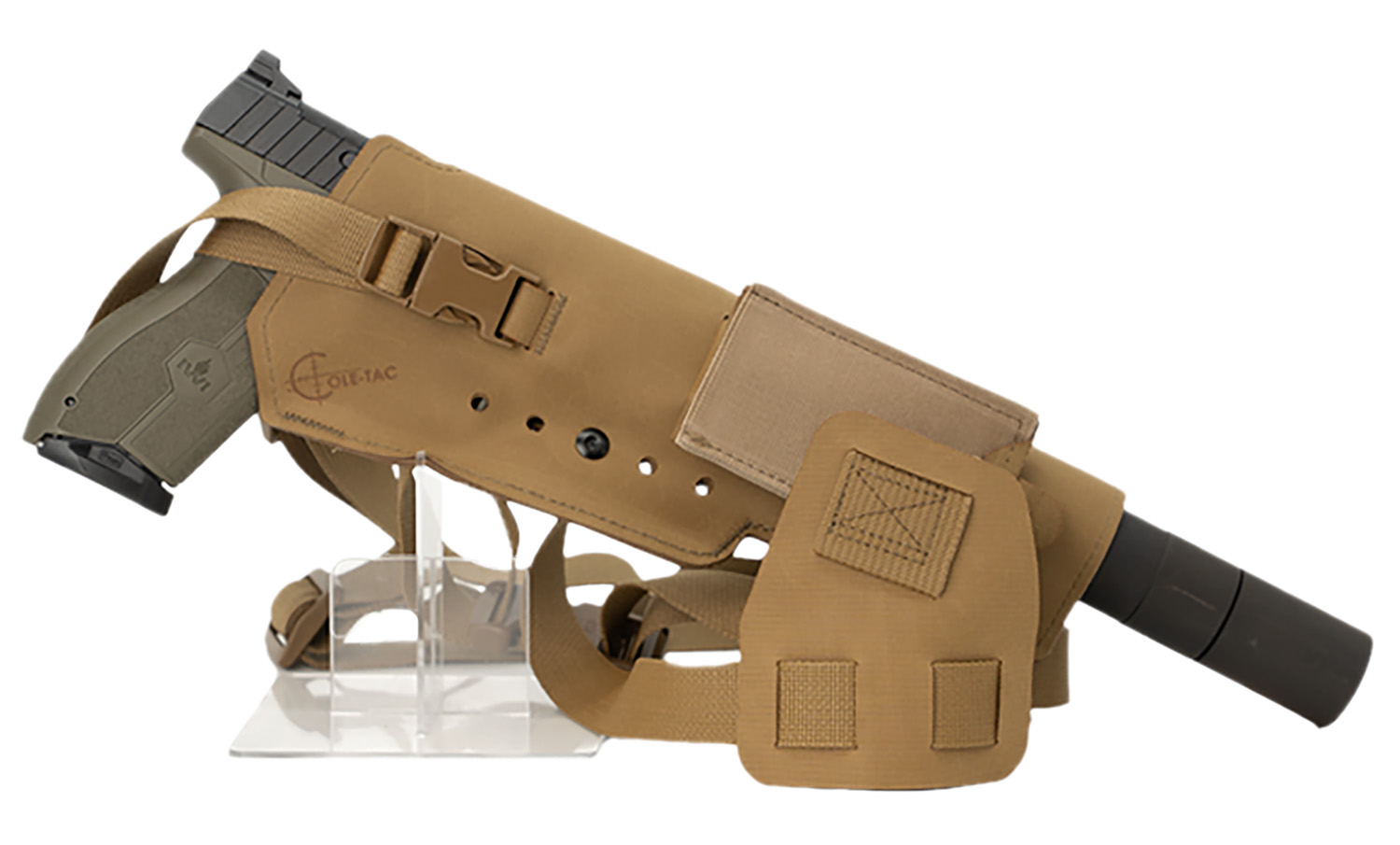 Handgun with suppressor in tan tactical holster