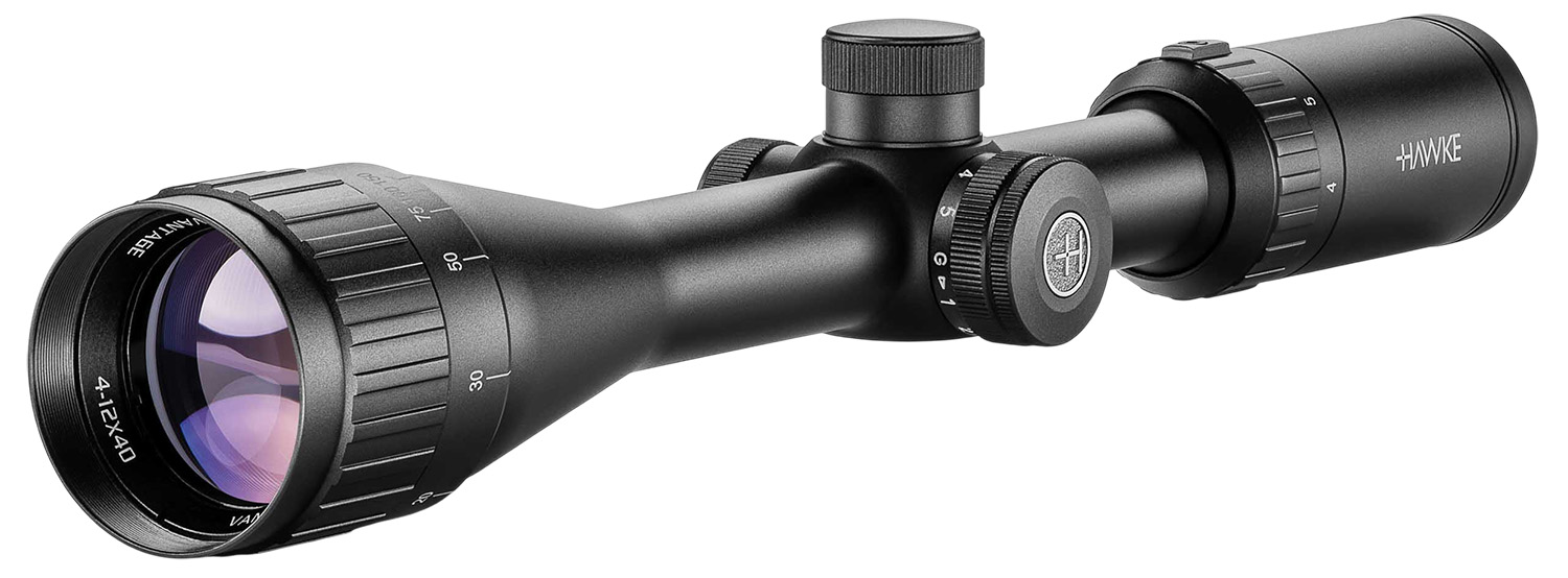 Hawke 4-12x40 rifle scope on white background