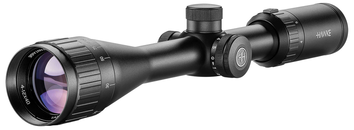 Hawke 4-12x40 rifle scope on white background