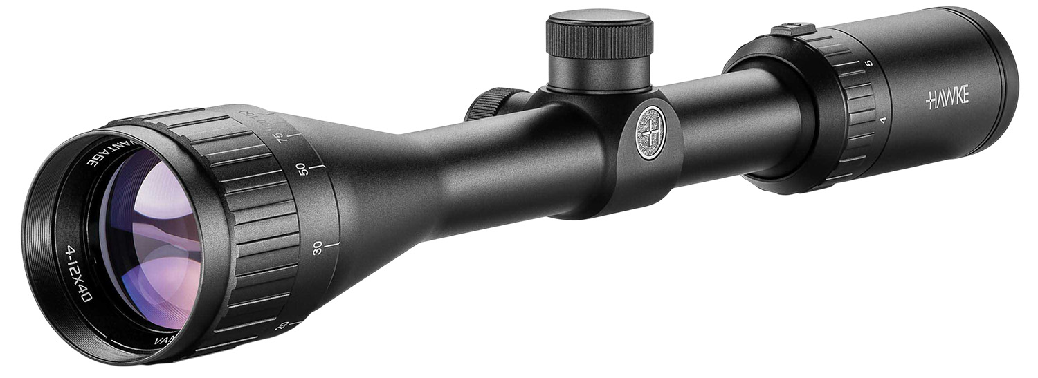 Hawke 4-12x40 rifle scope on white background