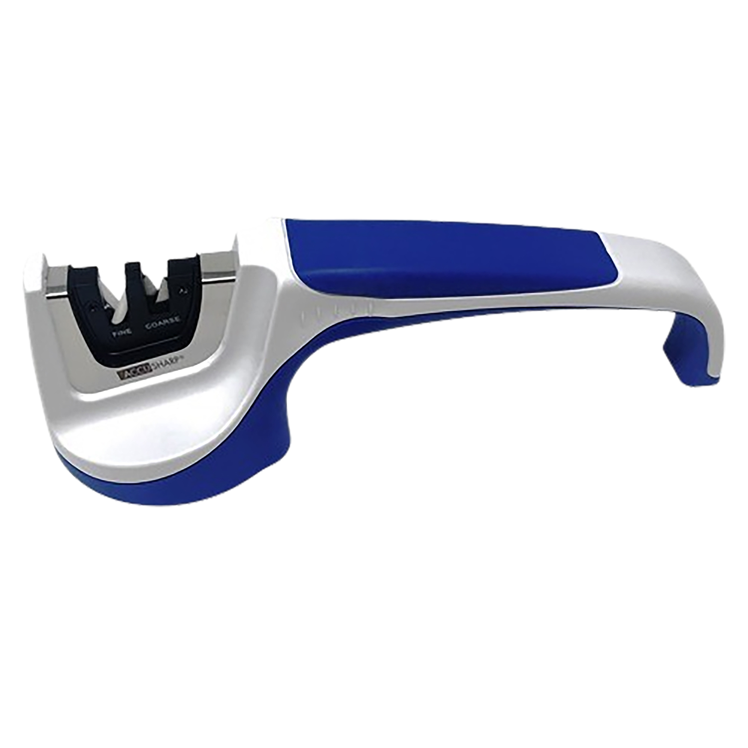 Blue and white handheld knife sharpener