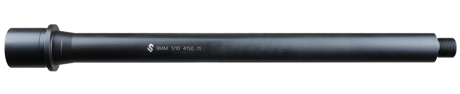 Black 9mm firearm barrel with threaded end
