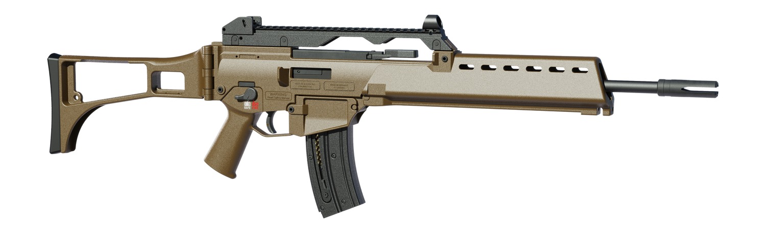 Tan modern assault rifle on white background