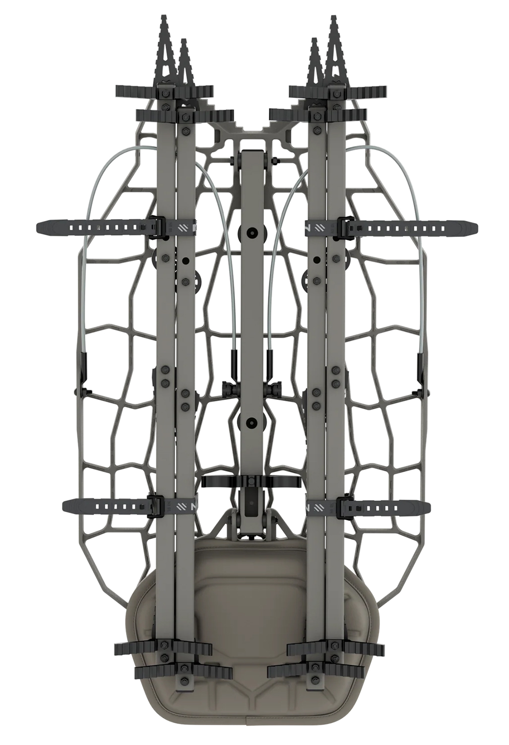 Tree stand climbing sticks attached to frame