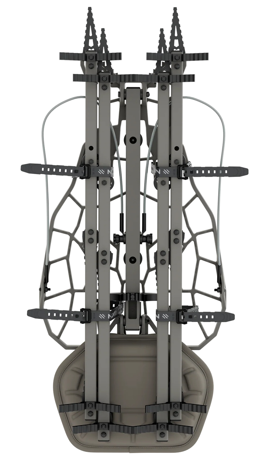 Folded metal hunting tree stand with straps