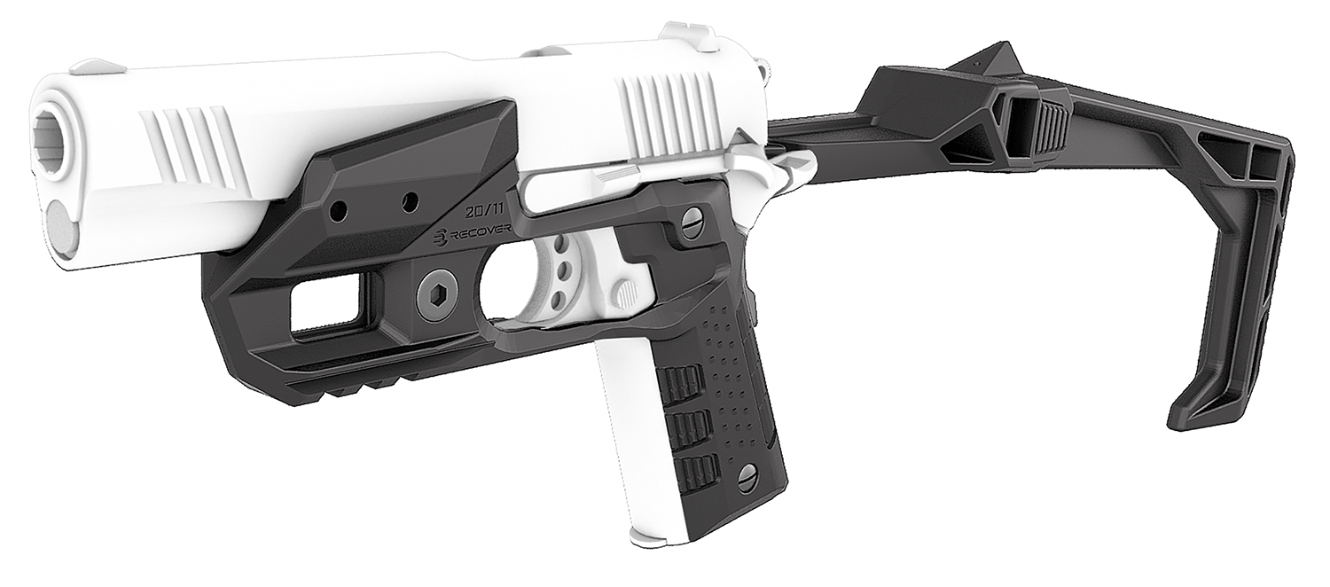 Handgun with tactical brace attachment, white and black
