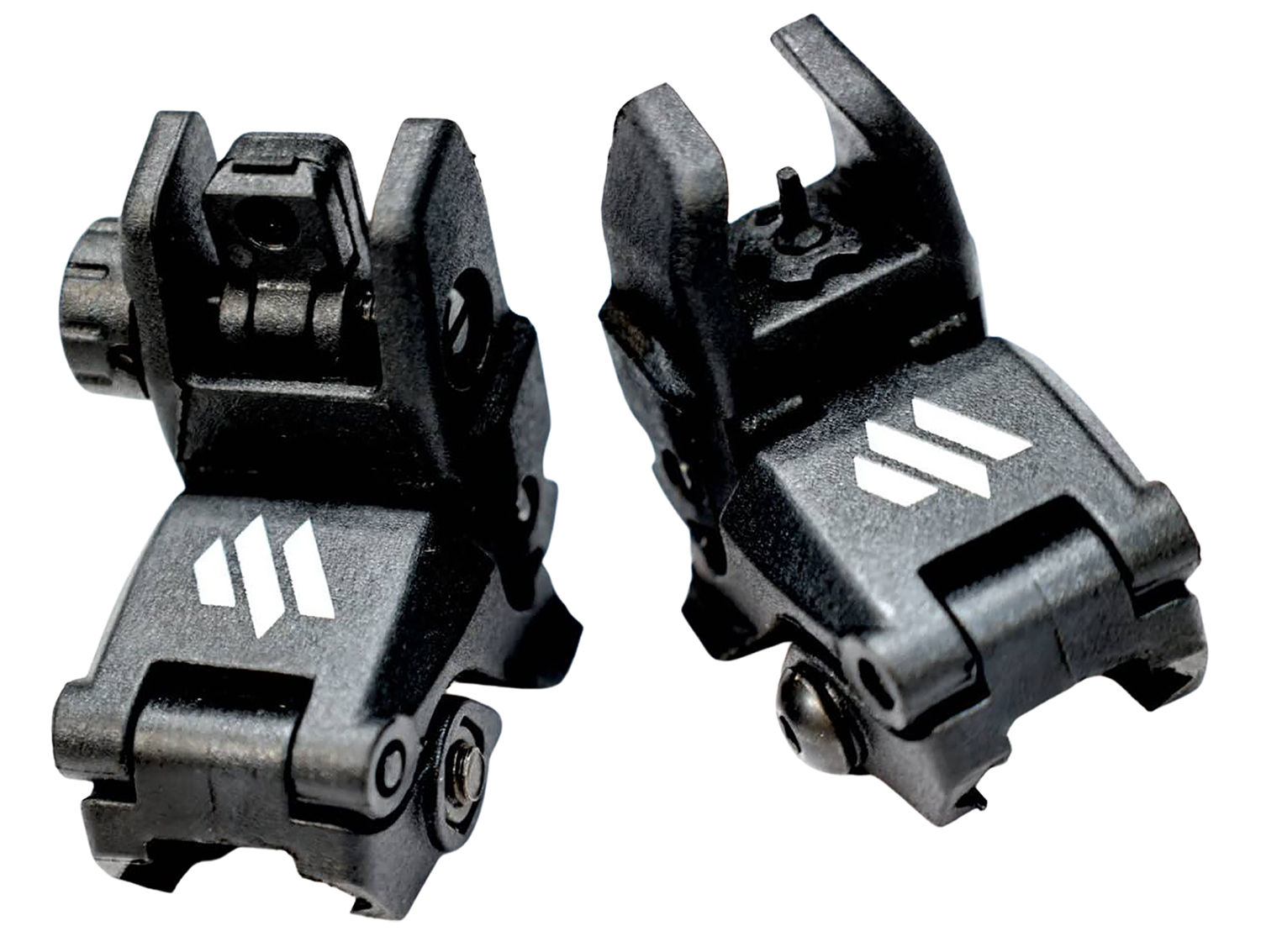 Black flip-up iron rifle sights on white background