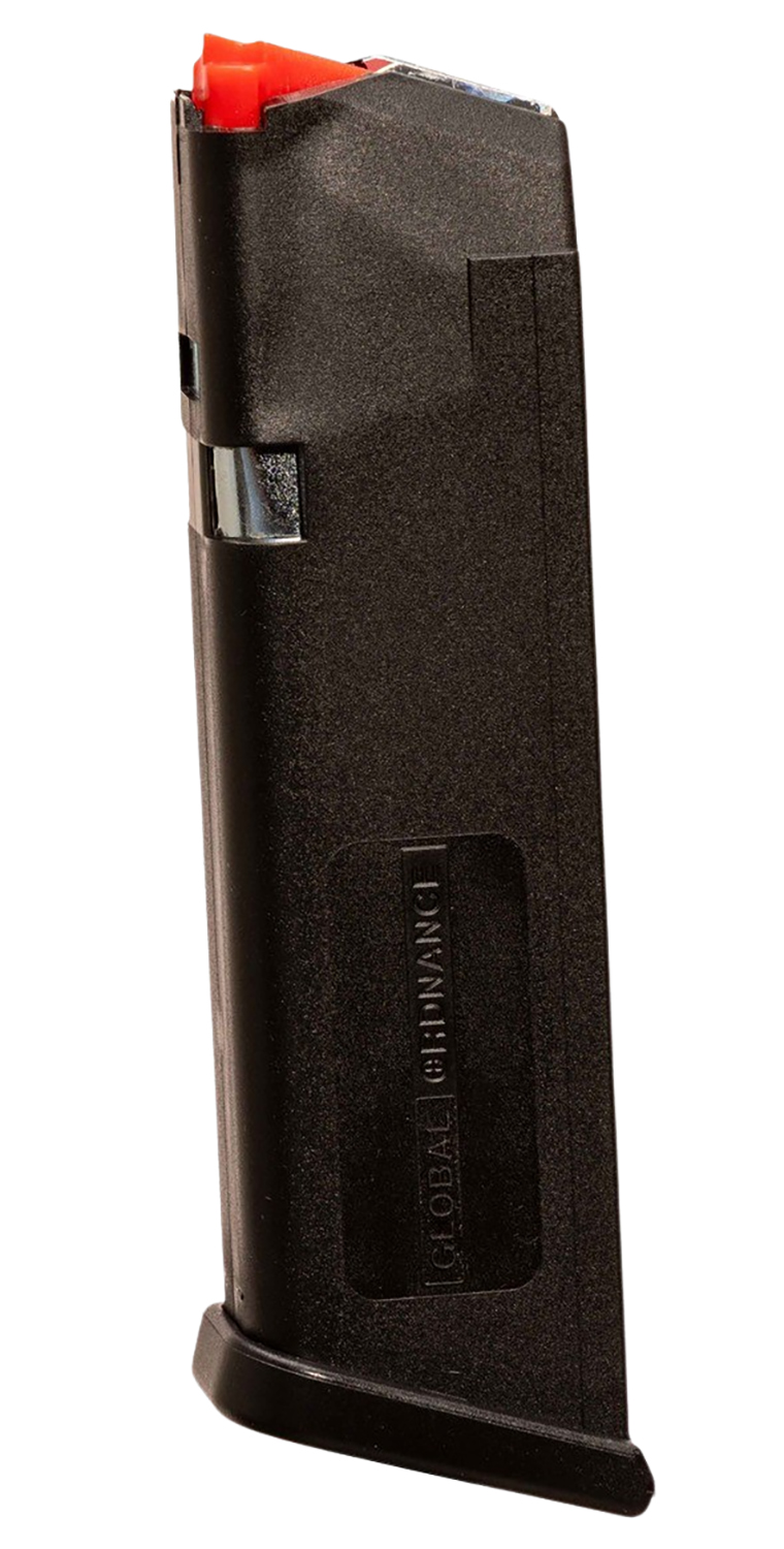 Black handgun magazine with orange follower